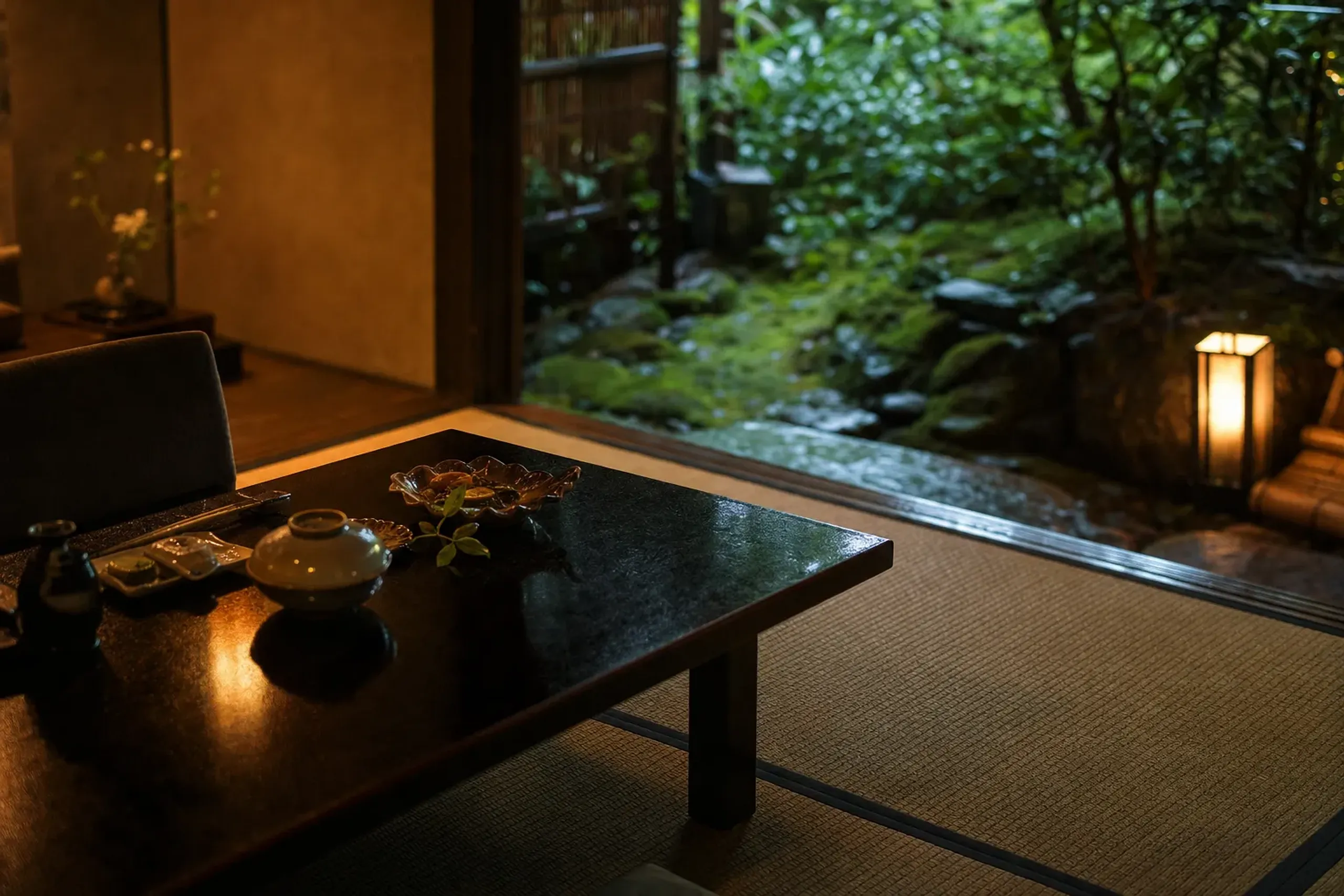 Tatami ryokan room set for a kaiseki meal with a garden view, illustrating the character of an onsen-town stay