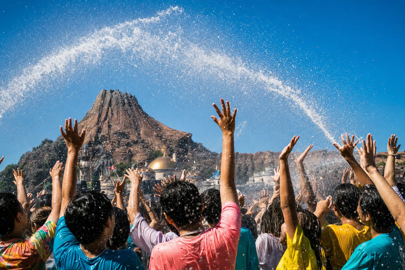 Theme park guests being drenched by a water spray during a summer show on a sunny day