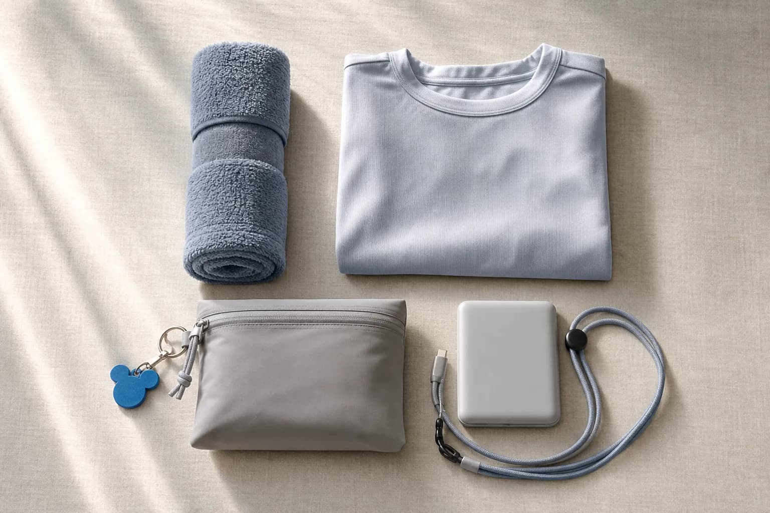 Flat-lay of microfibre towel, zip pouch, phone lanyard and dry clothes for a summer theme park day