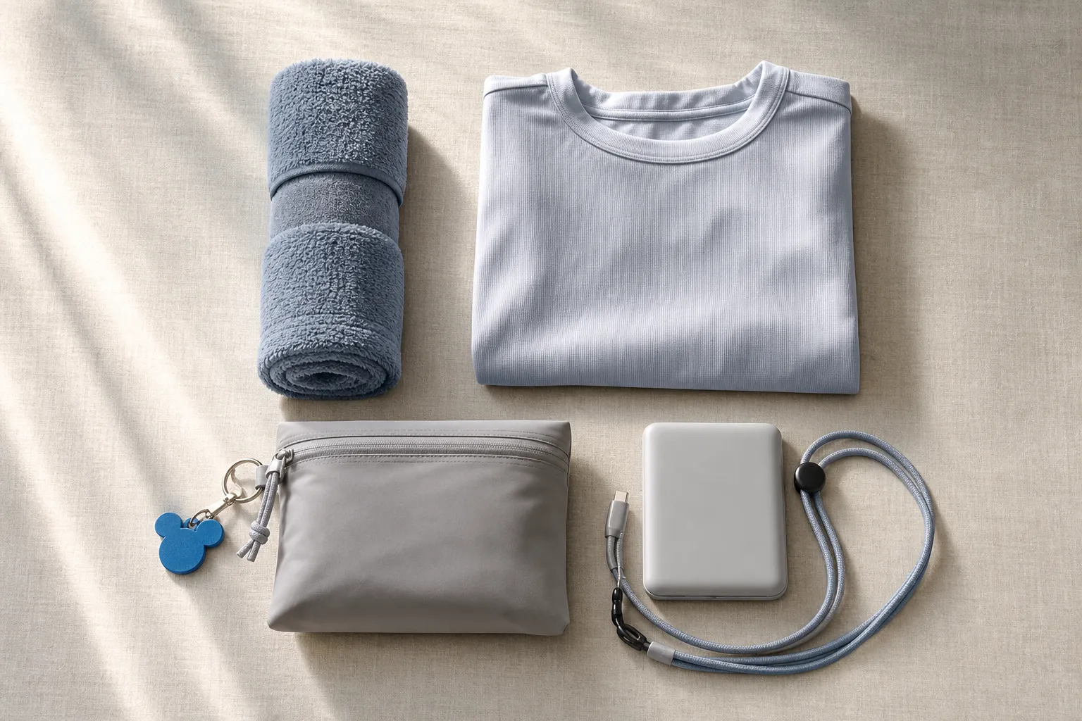 Flat-lay of microfibre towel, zip pouch, phone lanyard and dry clothes for a summer theme park day