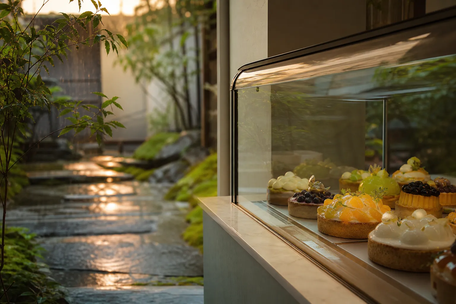 Cream and blue interior of Qu'il Fait Bon patisserie in Ginza with a glass case of fruit tarts