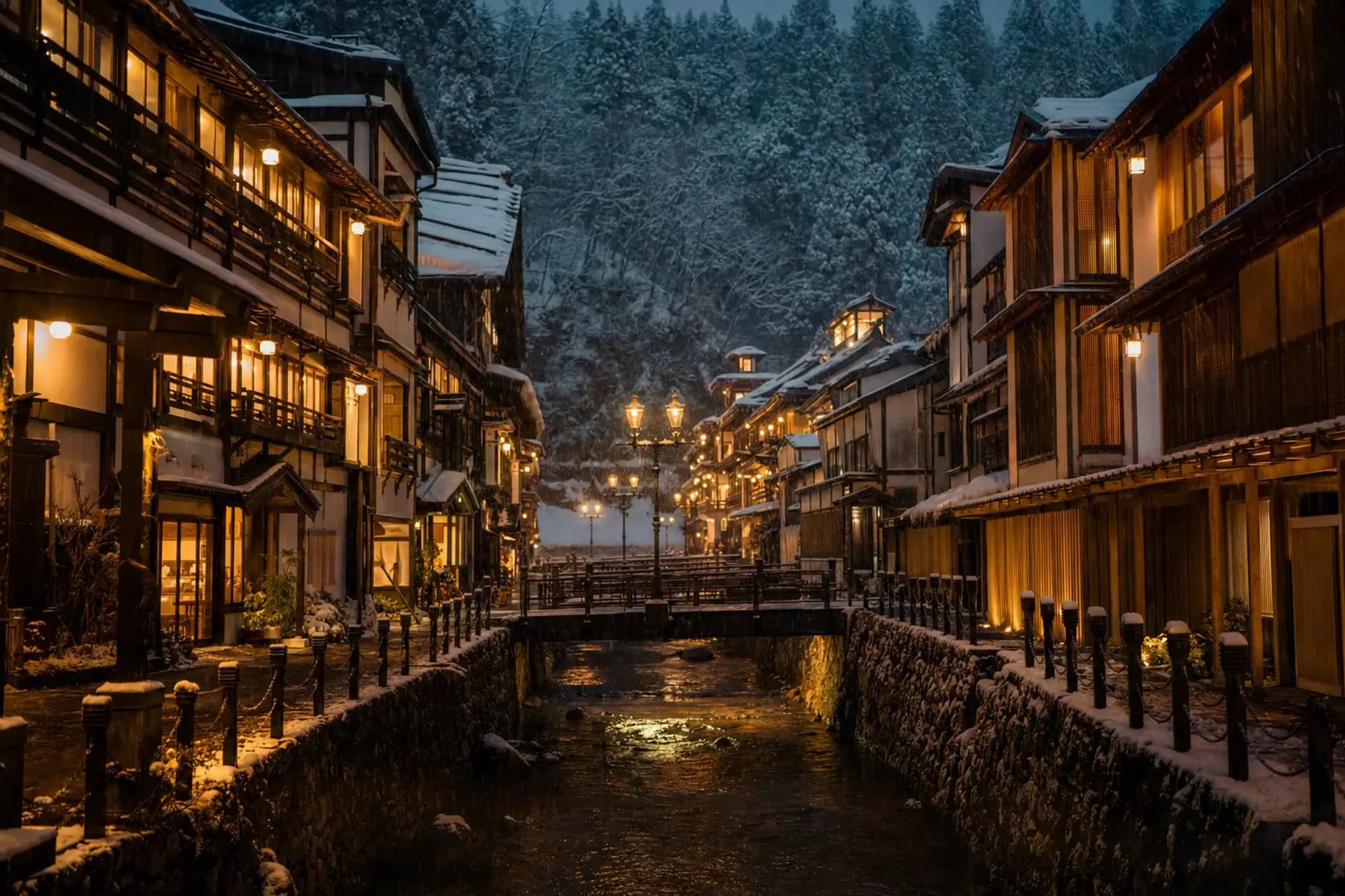 Ginzan Onsen in Snow: The Wooden Street at Dusk