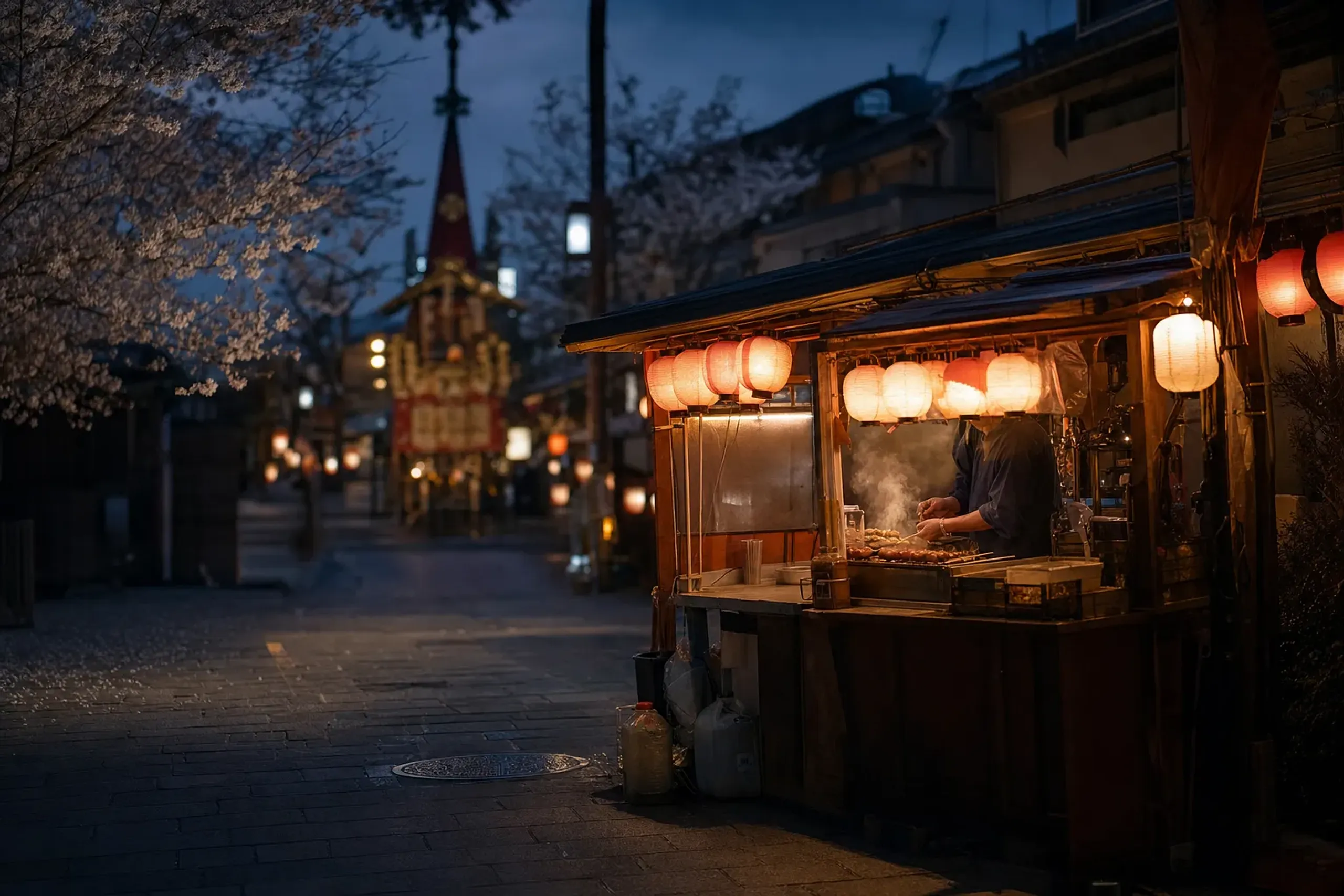 Food stalls often appear during Yoiyama, but their presence