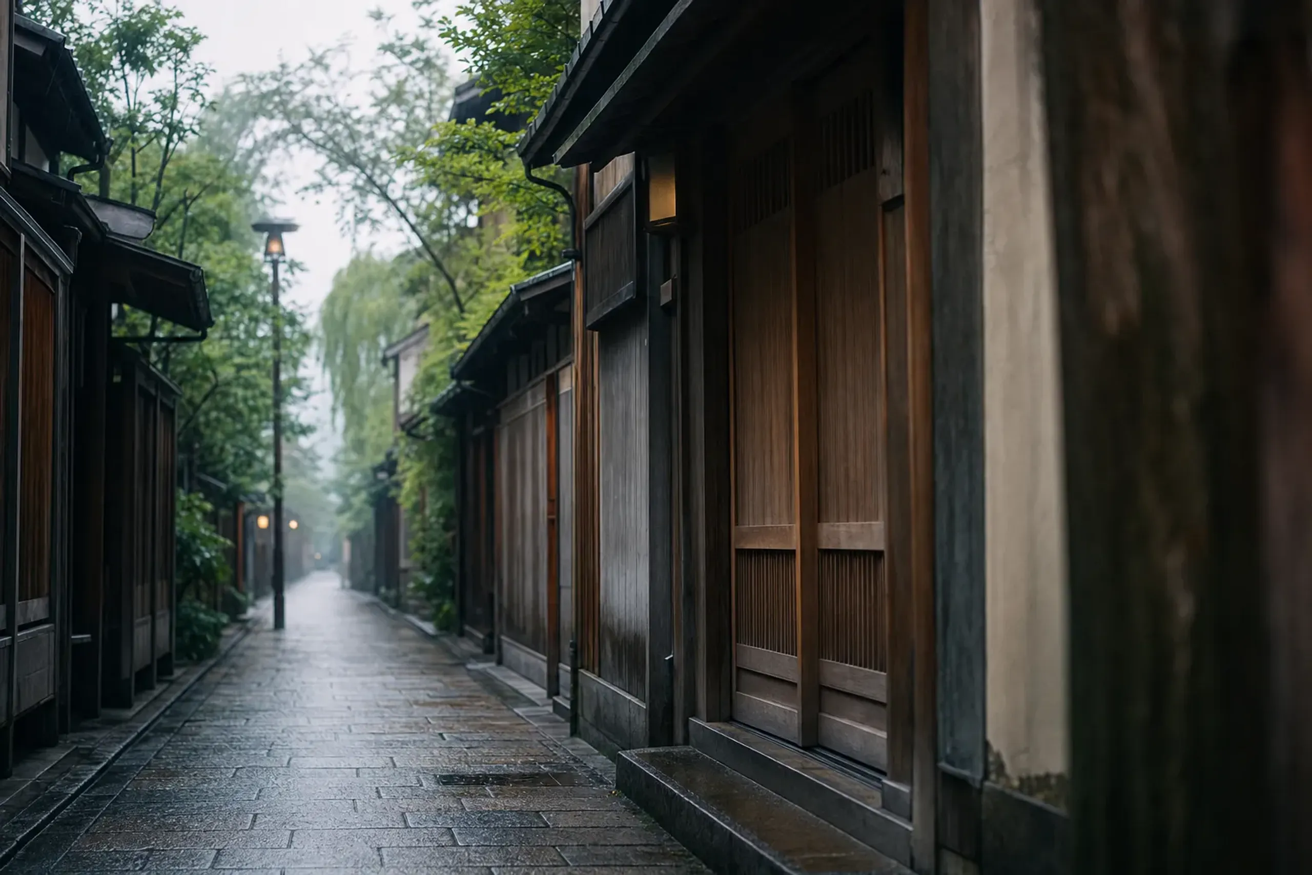 A narrow, quiet lane in Miyagawa-chō with a sliding wooden door, a swept stone doorstep, and weathered grey timber machiya facades