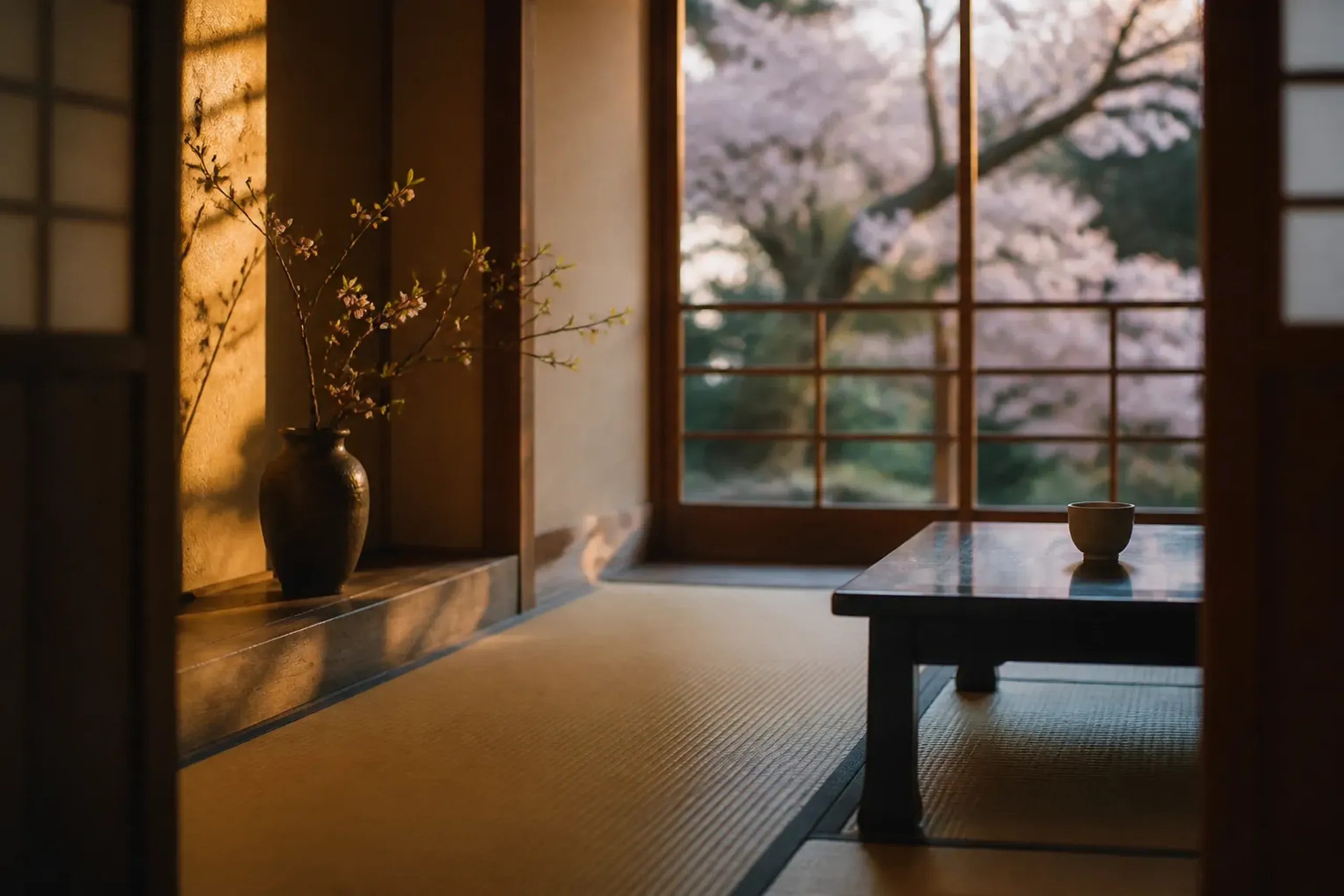 Traditional tatami ryokan room with a single seasonal flower and garden view in Hakone