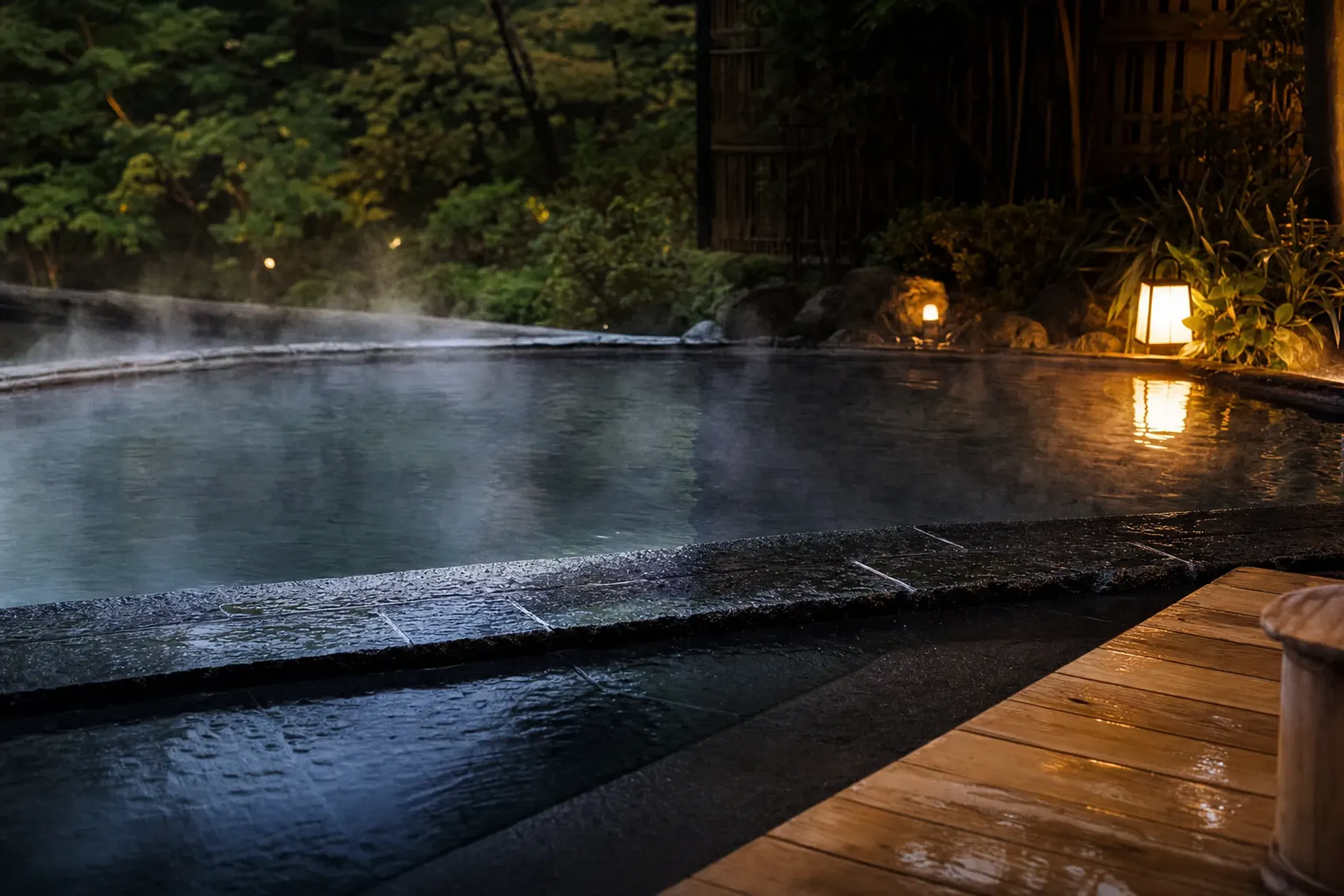 The Kakou annexe suite's private open-air soaking bath at Gora Kadan, roughly 49 square metres of steaming hot-spring water fed directly from the garden source, edged with dark stone