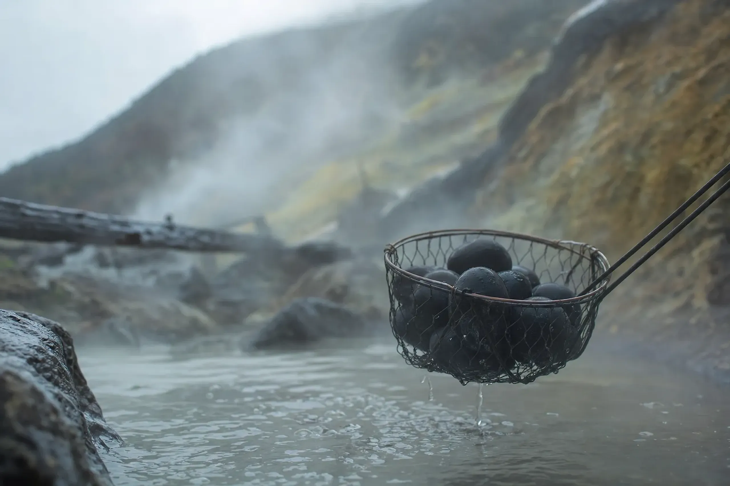 The sulphurous volcanic vents and rising white steam of Owakudani in Hakone, with the blackened shells of kuro-tamago black eggs cooked in the hot-spring waters