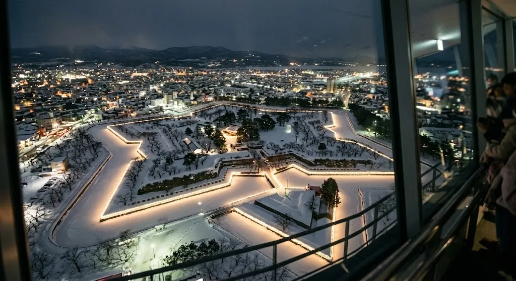 Stunning night view from Goryokaku Tower looking down at the star-shaped fortress covered in thick snow, its edges brilliantly outlined by warm illumination lights.