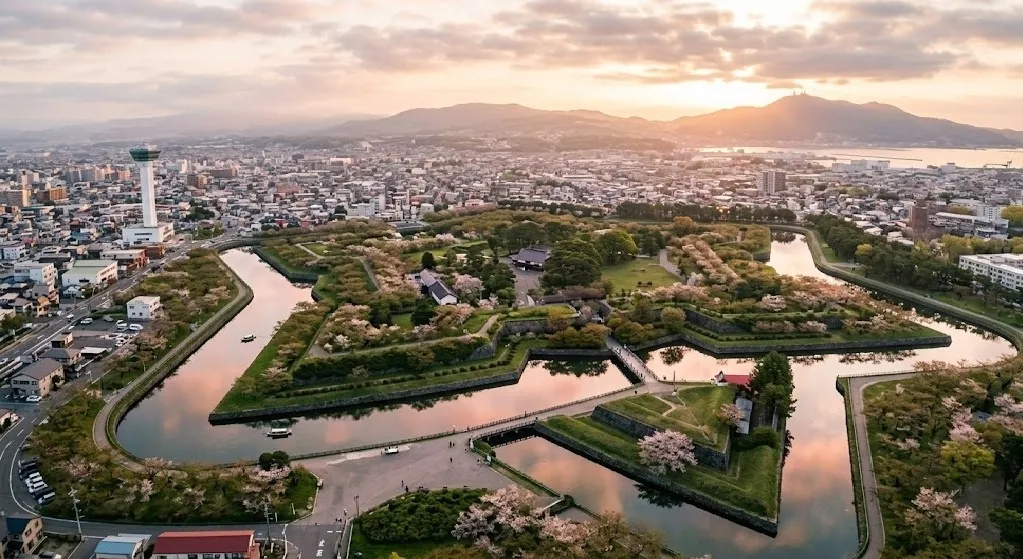 Breathtaking aerial view of Goryokaku's five-pointed star fortress surrounded by a reflective water moat, illuminated by soft golden hour sunlight, showcasing its unique and strategic geometric architecture.