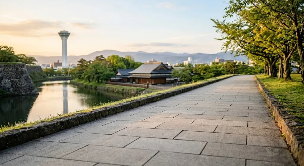 Serene, sunlit morning view of an empty, smoothly paved walking path winding through the historic grounds of Goryōkaku Fort, completely devoid of tourists.