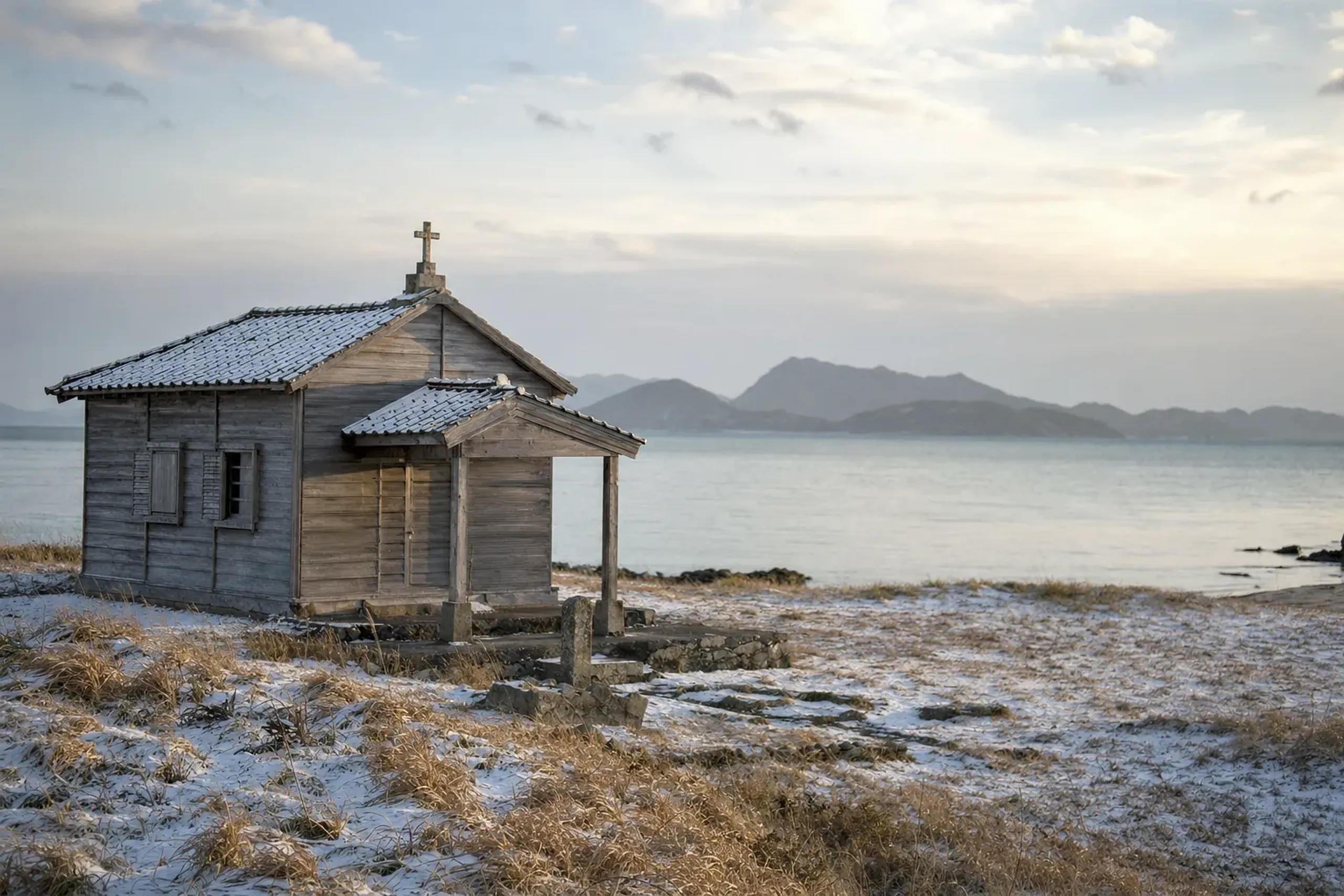 The weathered timber exterior of Former Gorin Church on Hisaka Island, standing near the water's edge in a small World Heritage village