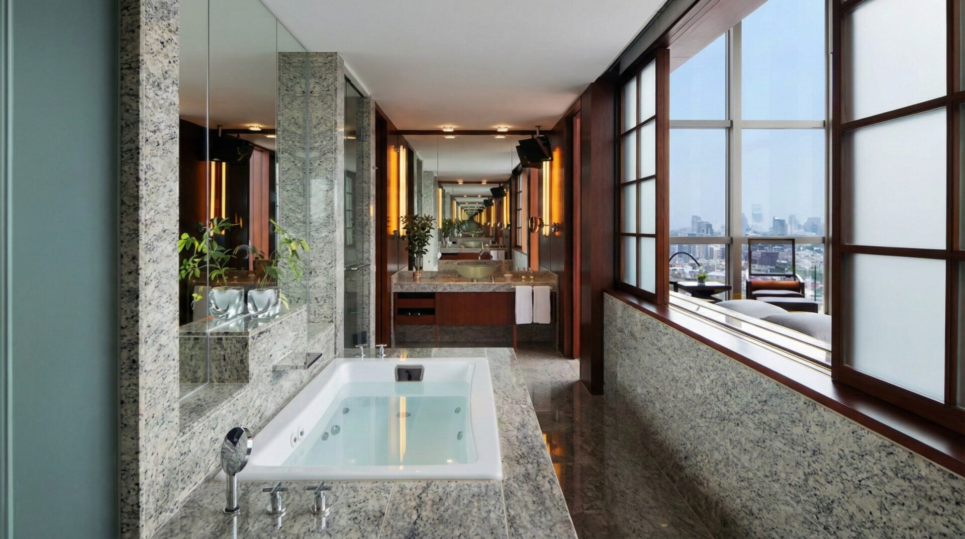 Luxury limestone bathroom with soaking tub in Grand Hyatt Tokyo Presidential Suite.