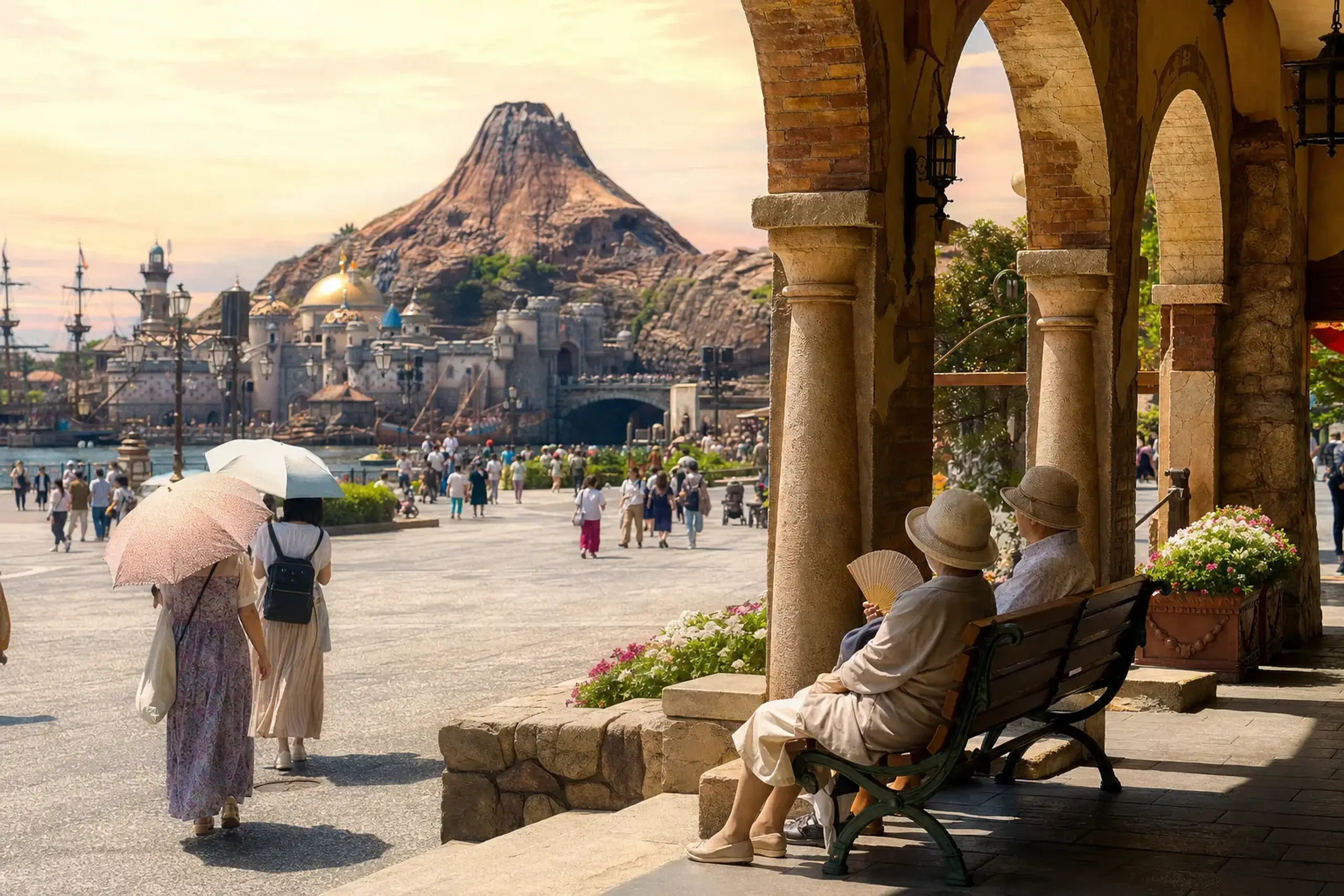 Guests walking through Tokyo DisneySea in July heat with parasols and shaded seating nearby