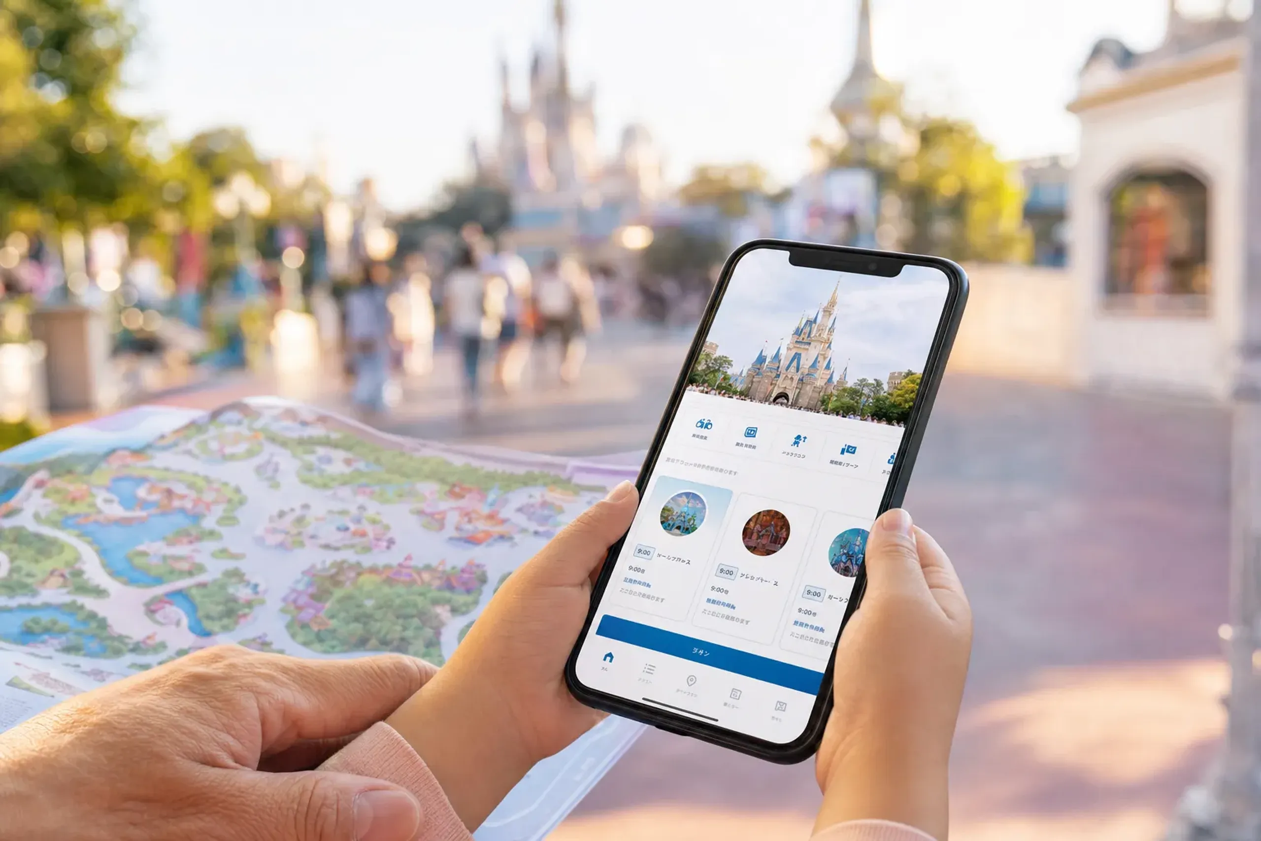 Smartphone displaying the Tokyo Disney Resort app used for planning Premier Access in the park