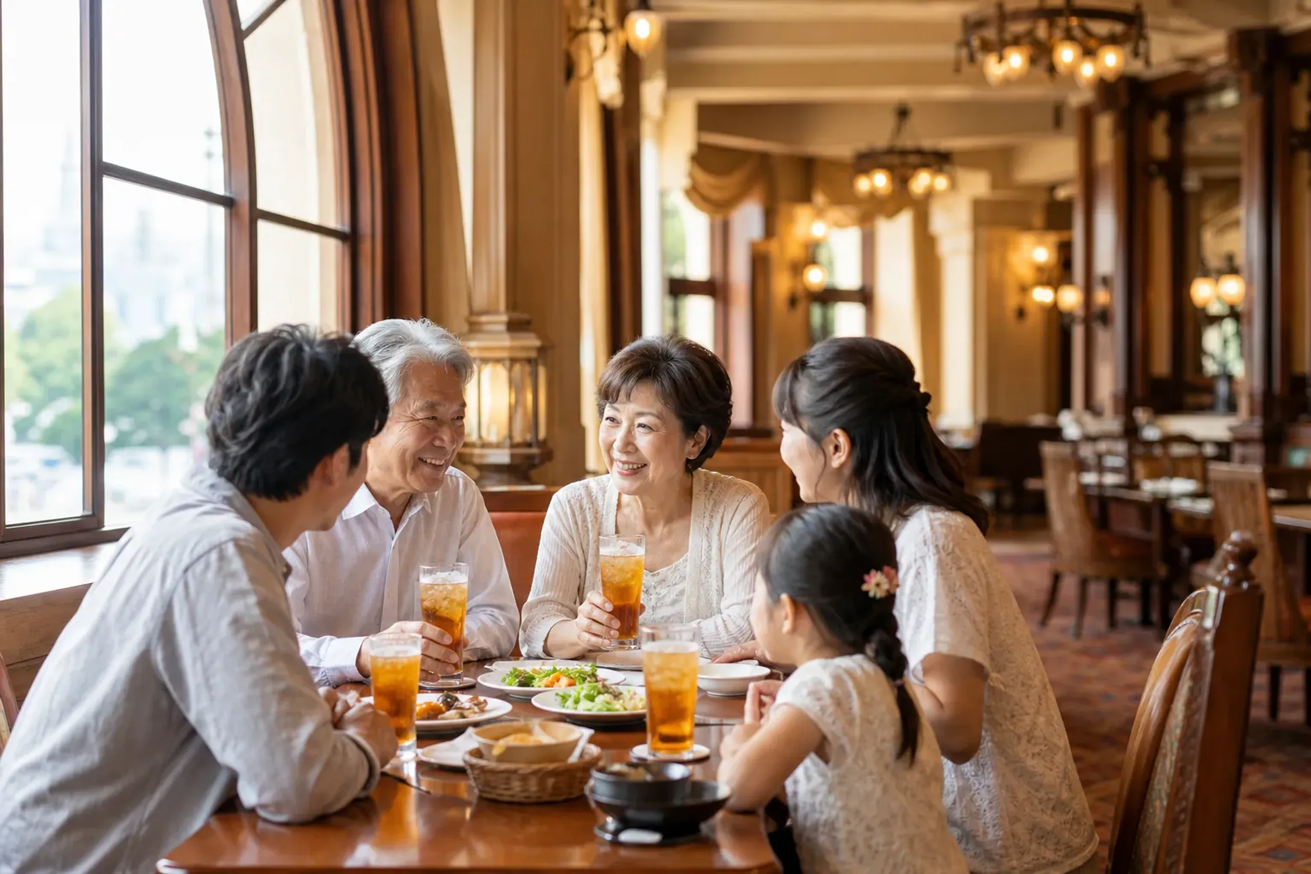 Grandparents resting with family during an indoor meal break at Tokyo Disney Resort