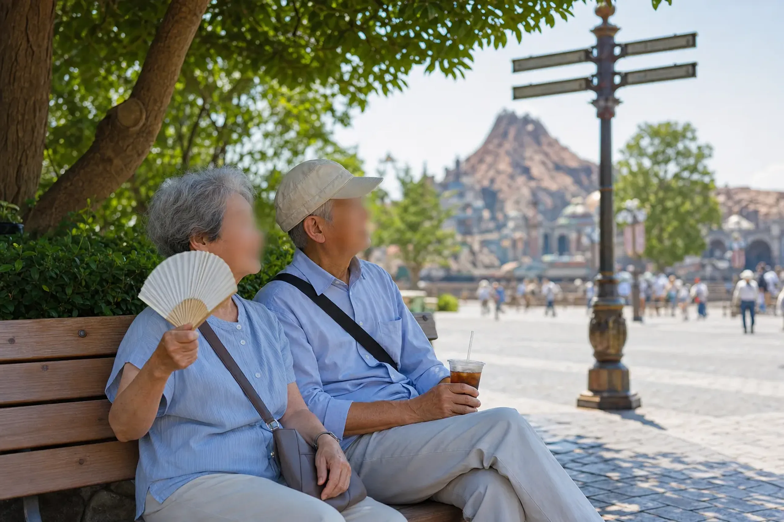 Guests resting in a shaded seating area at Tokyo DisneySea with fans and cold drinks