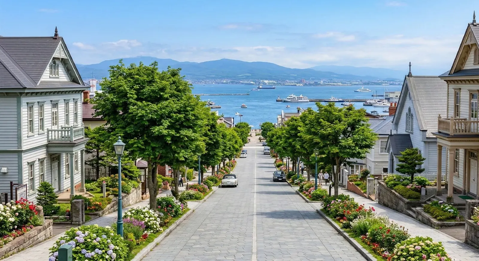 A picturesque view looking down the steep, tree-lined Hachimanzaka slope in Hakodate's Motomachi district, featuring preserved historic Western-style architecture leading towards a vibrant blue harbor.