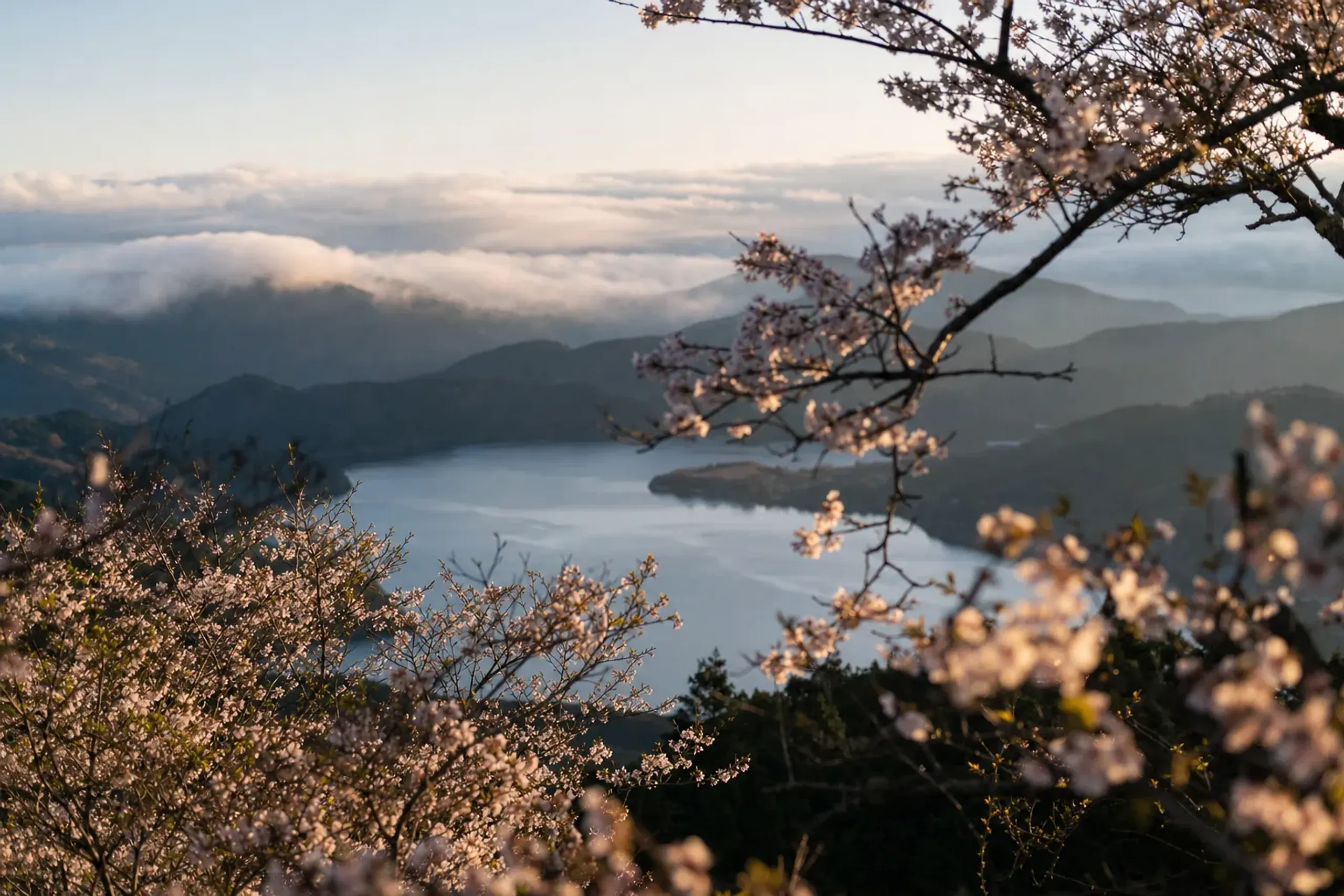 Autumn foliage over Lake Ashinoko in the Hakone caldera with morning mist
