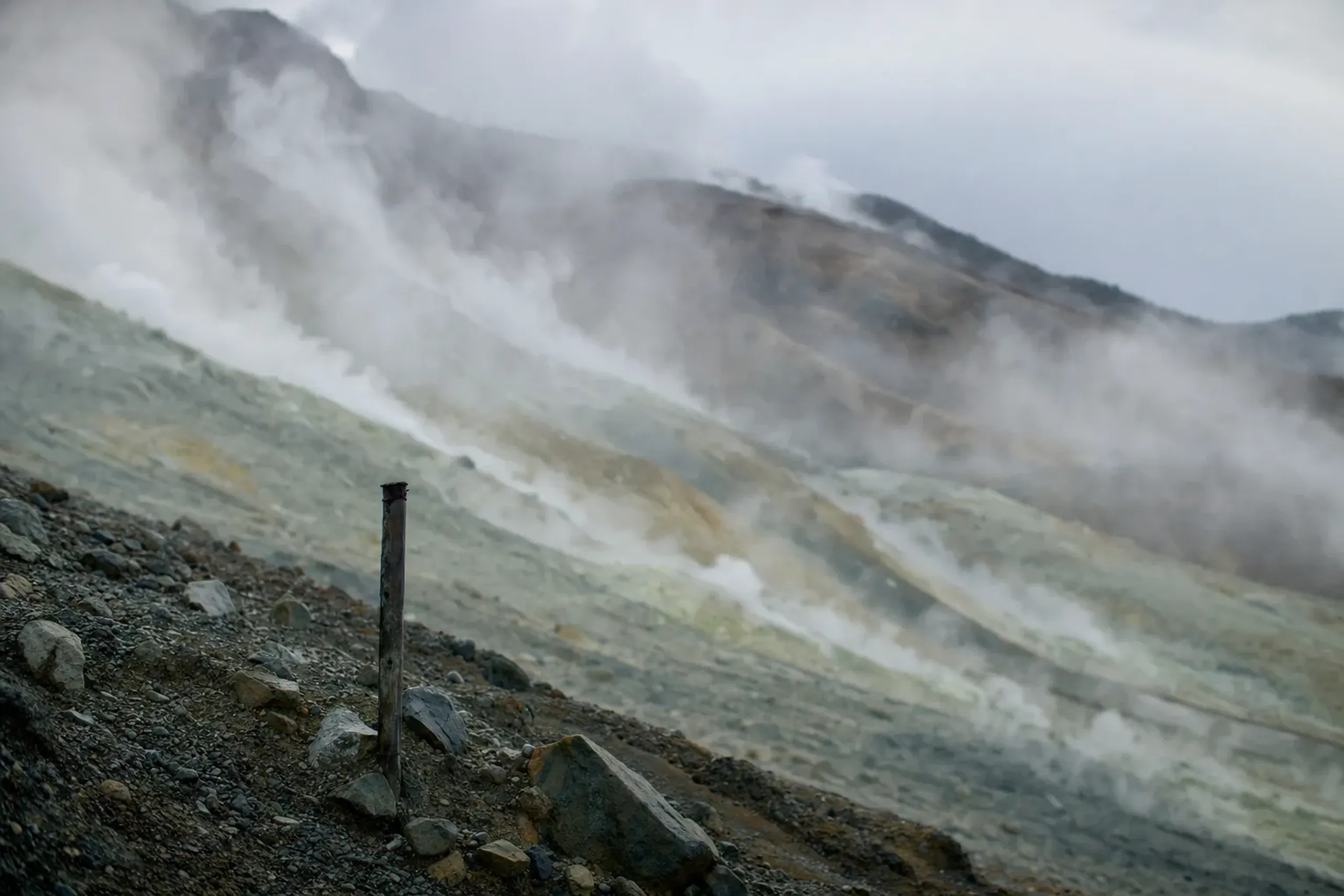 the sulphur vents and steaming volcanic slopes of Owakudani in Hakone's mountain caldera