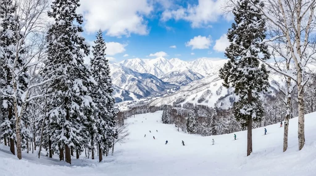 A wide panoramic view of Happo-One ski resort in Hakuba, Japan, showing steep snowy runs, mountain ridges, and a dramatic vertical drop under a clear blue winter sky.