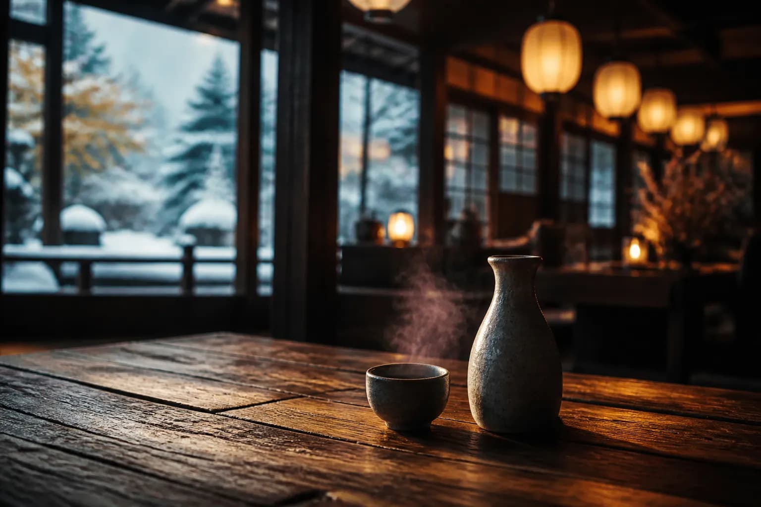 The interior of a cozy Hakuba izakaya features glowing paper lanterns, dark wood architecture, and a small ceramic carafe of sake on a rustic wooden table during winter.