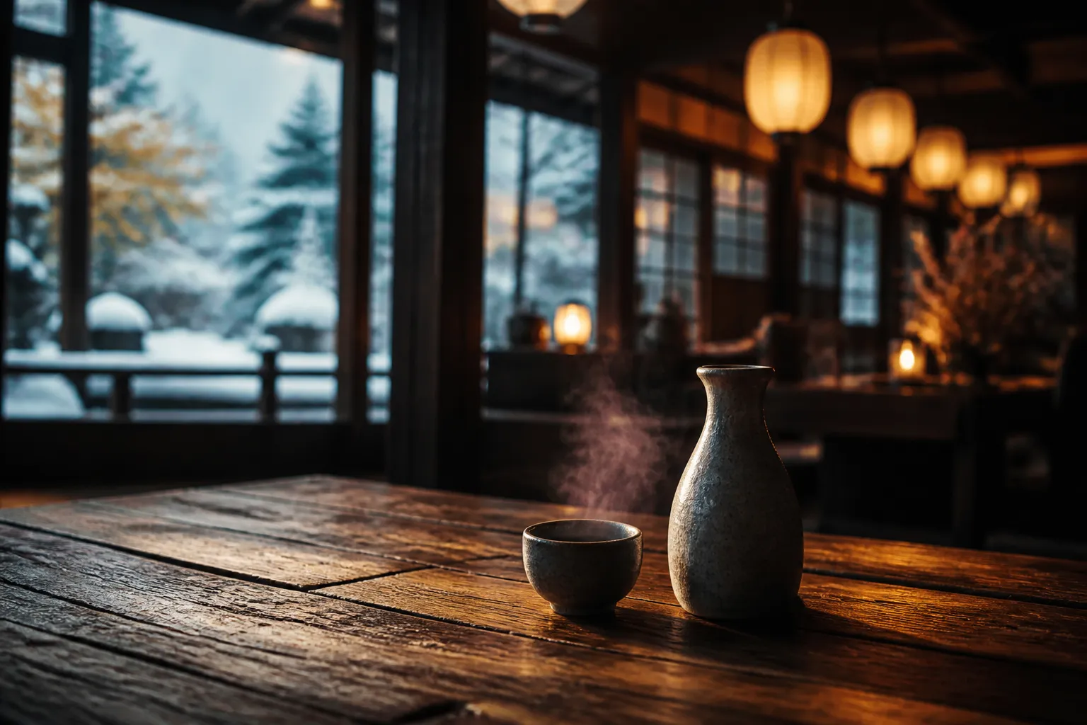 The interior of a cozy Hakuba izakaya features glowing paper lanterns, dark wood architecture, and a small ceramic carafe of sake on a rustic wooden table during winter.