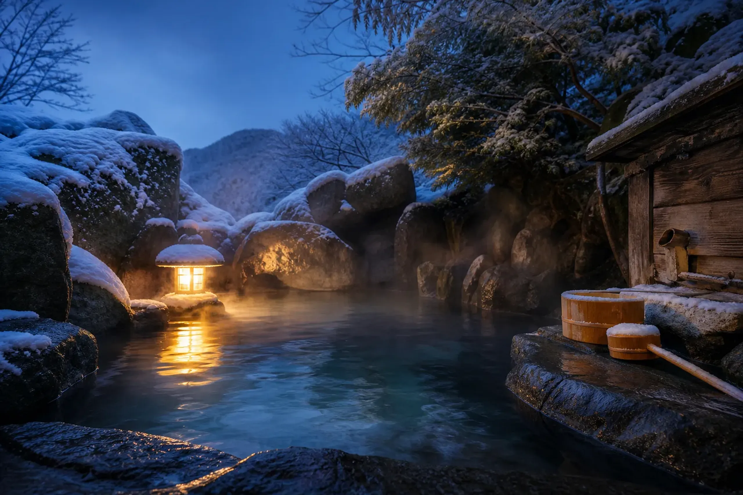 Steam rising from an outdoor onsen surrounded by snow and stone at night
