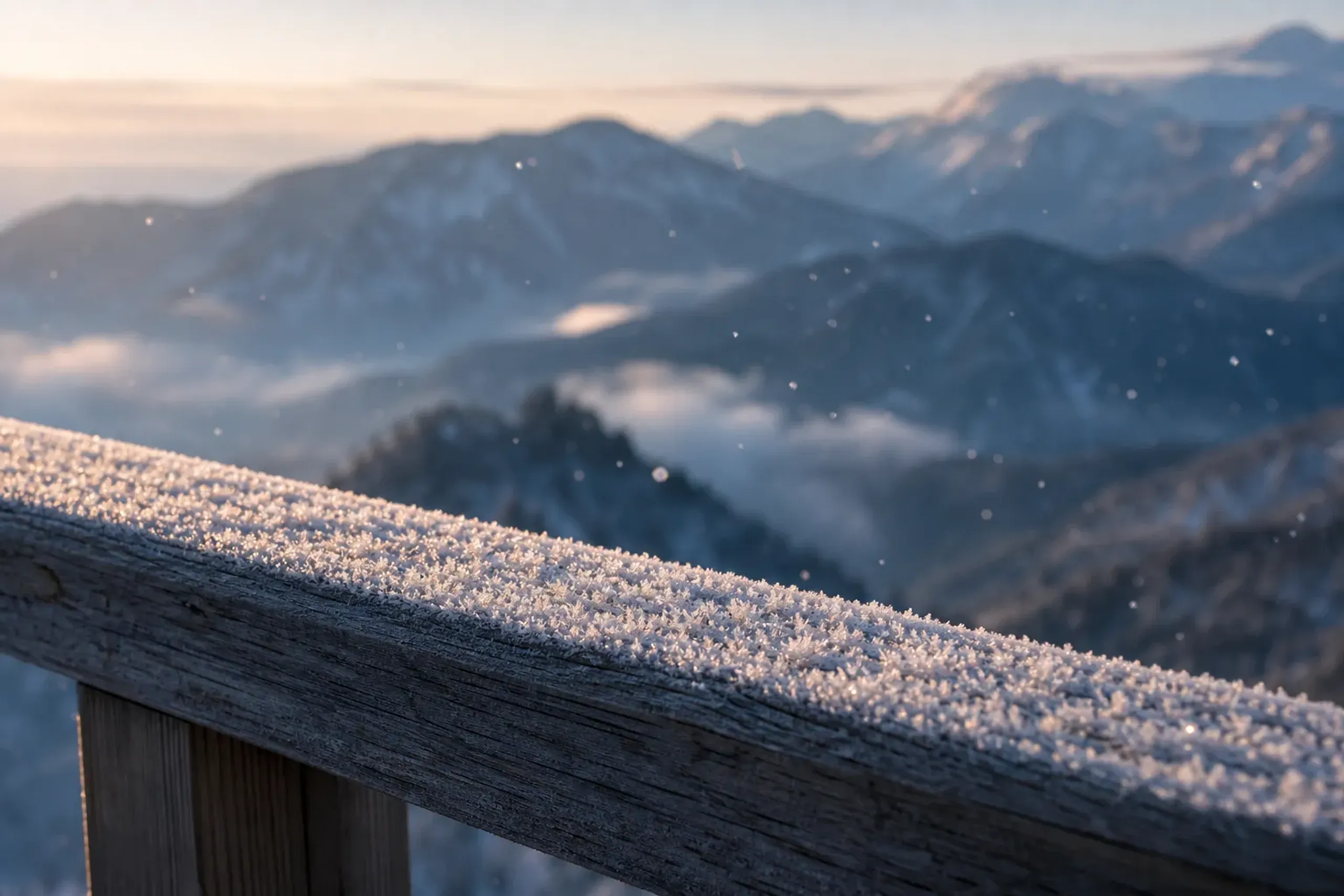 Frosted wooden railing at dawn in the Japan Alps with light snowfall