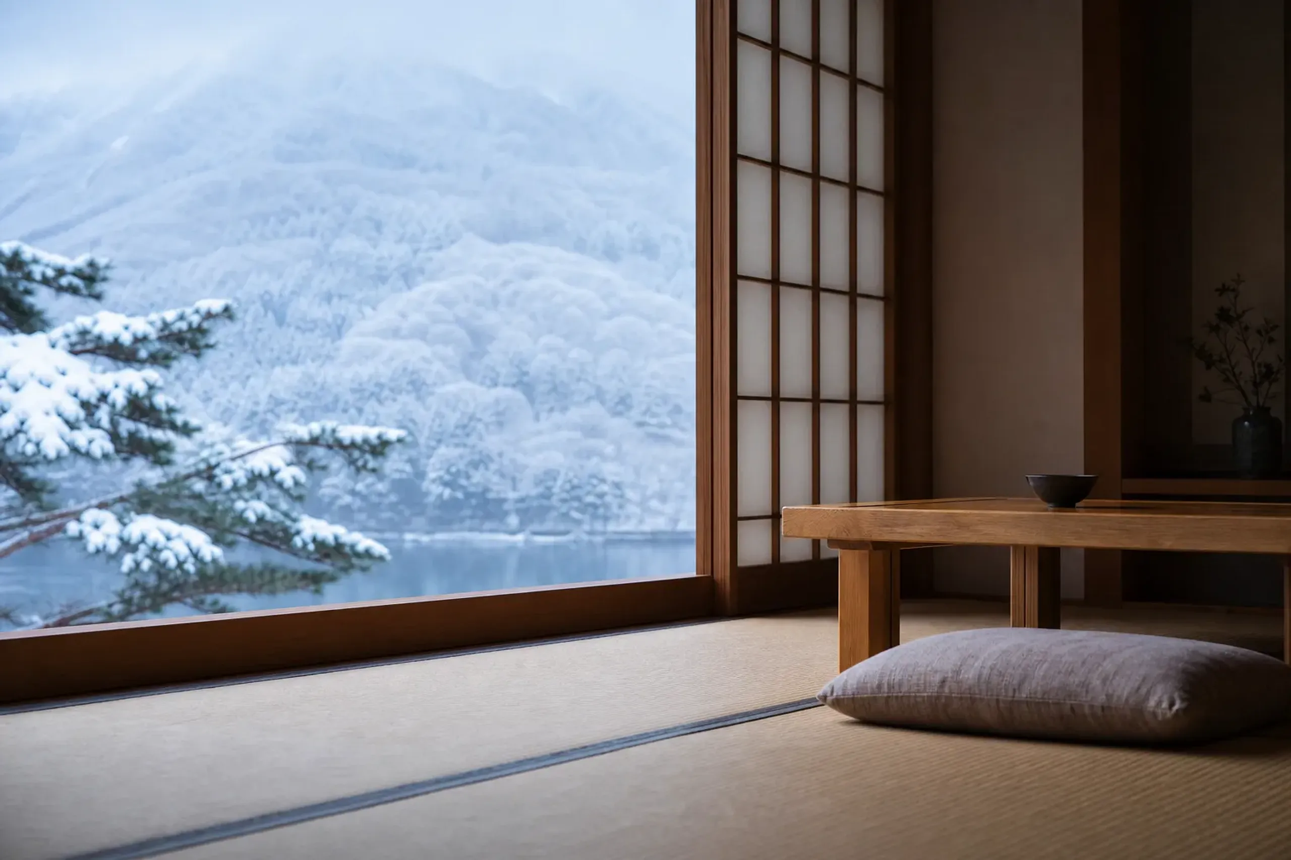 Calm Japanese-style room with natural wood and a window view of snowy trees in Hakuba