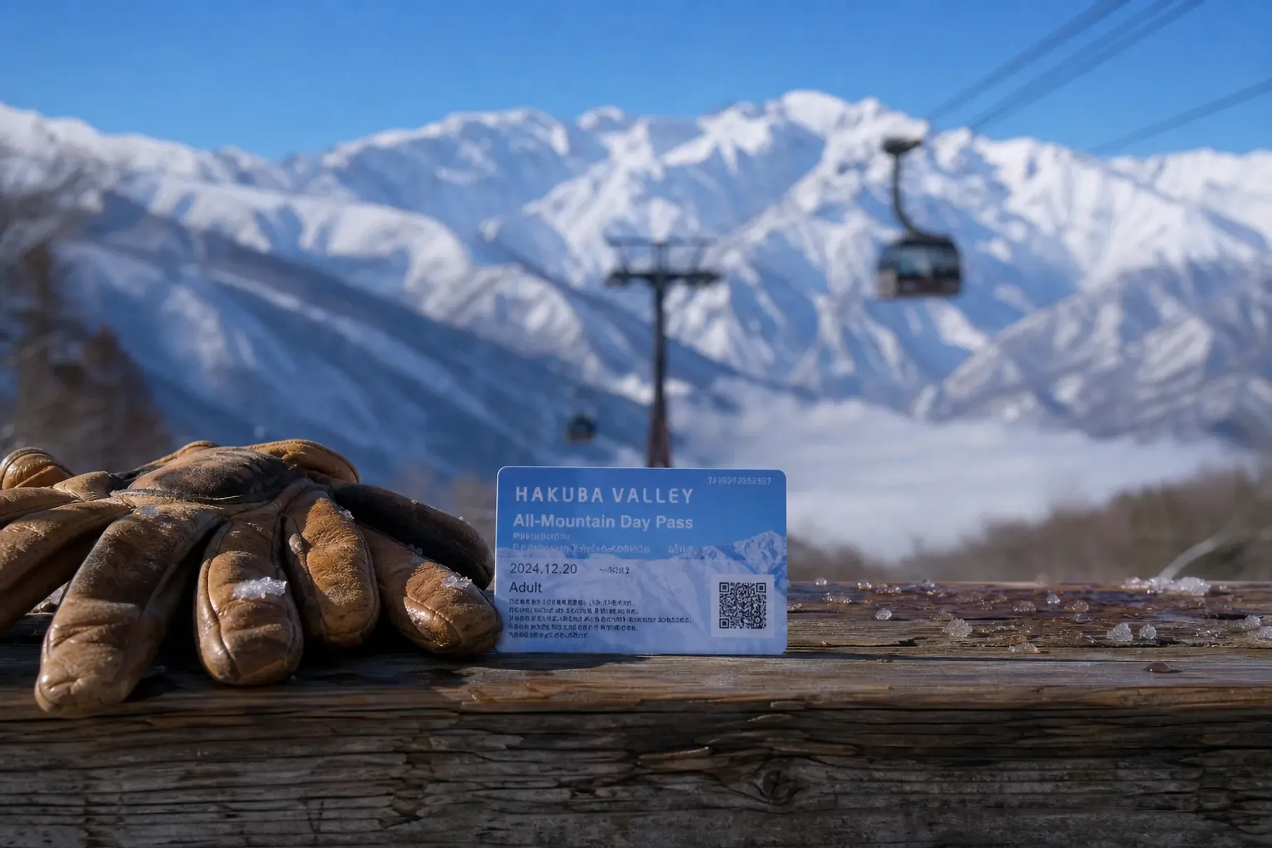A Hakuba Valley All-Mountain Day Pass lift ticket resting on a wooden bench beside ski gloves, with the Happo-one gondola cables and snow-laden Ushiro Tateyama ridgeline blurred in the background