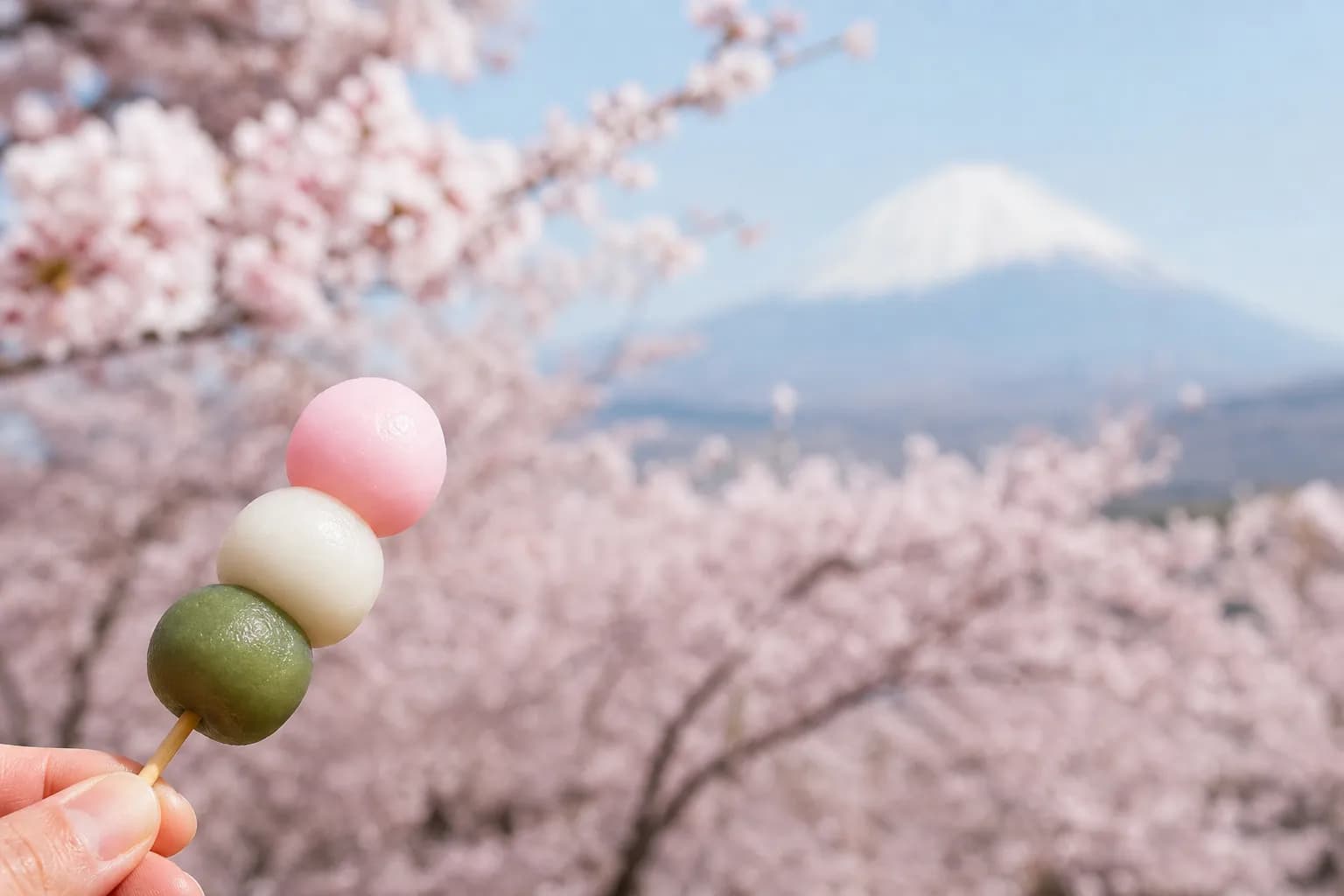 Tri-color hanami dango on a skewer amid cherry blossoms with Mount Fuji in the distance