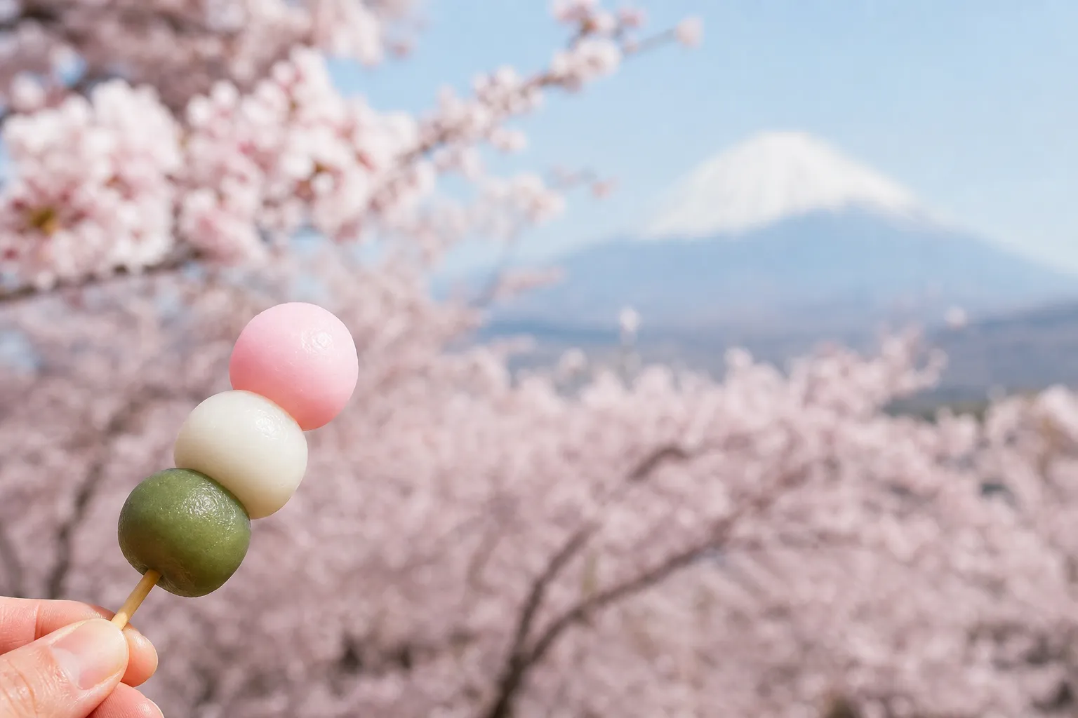 Tri-color hanami dango on a skewer amid cherry blossoms with Mount Fuji in the distance