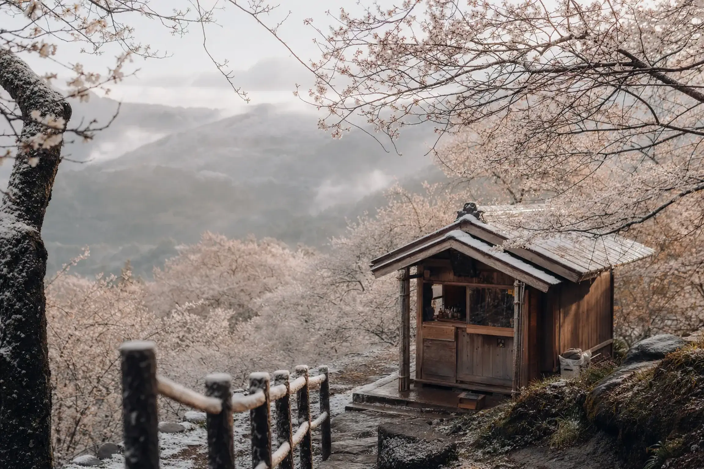 The small flower post office near the summit of Hanamiyama, surrounded by blooming peach and cherry trees