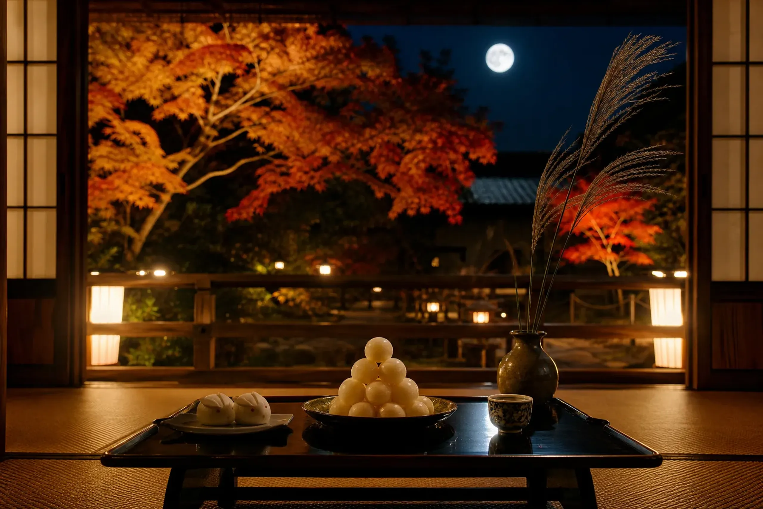 Traditional tsukimi offering of white dango dumplings, wagashi, sake and susuki grass under a full moon