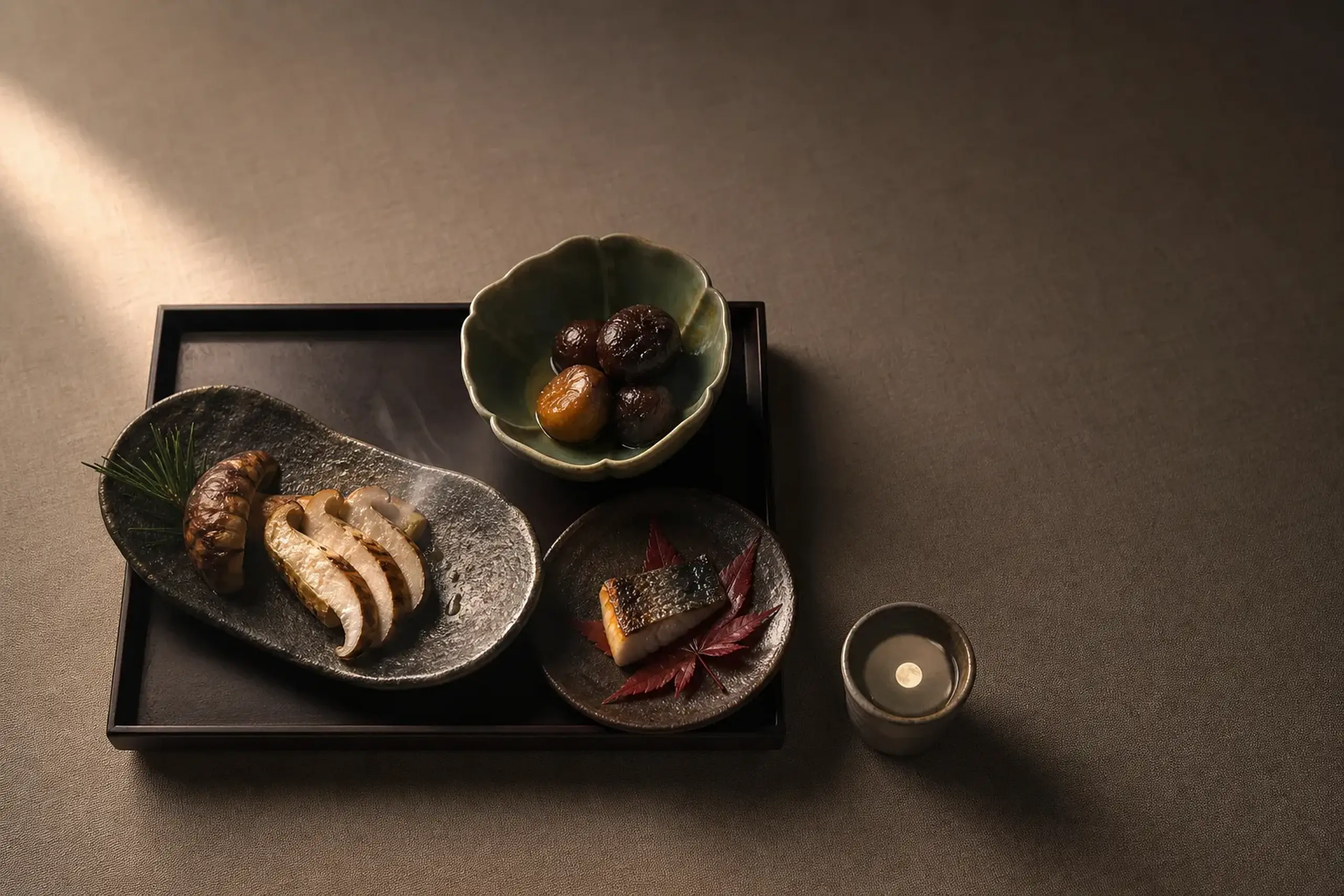 Elegant autumn kaiseki course with chestnuts, matsutake and seasonal fish plated for a moon-viewing dinner