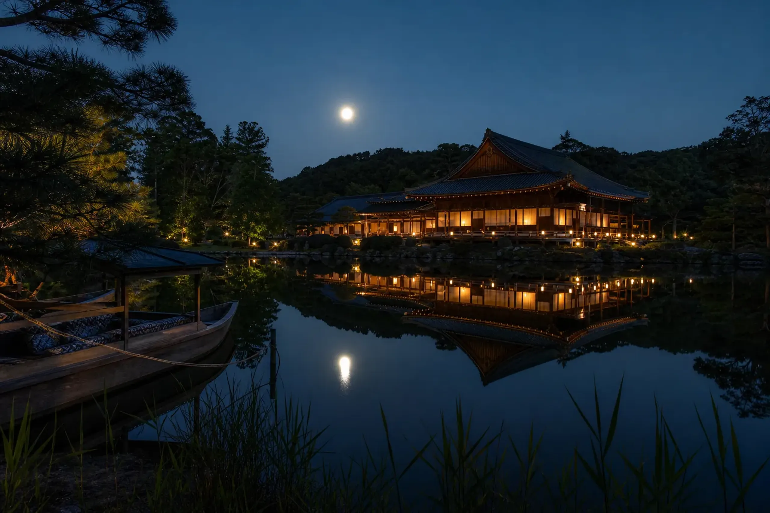 Daikaku-ji temple beside Osawa Pond at dusk with moon reflection on still water in Kyoto