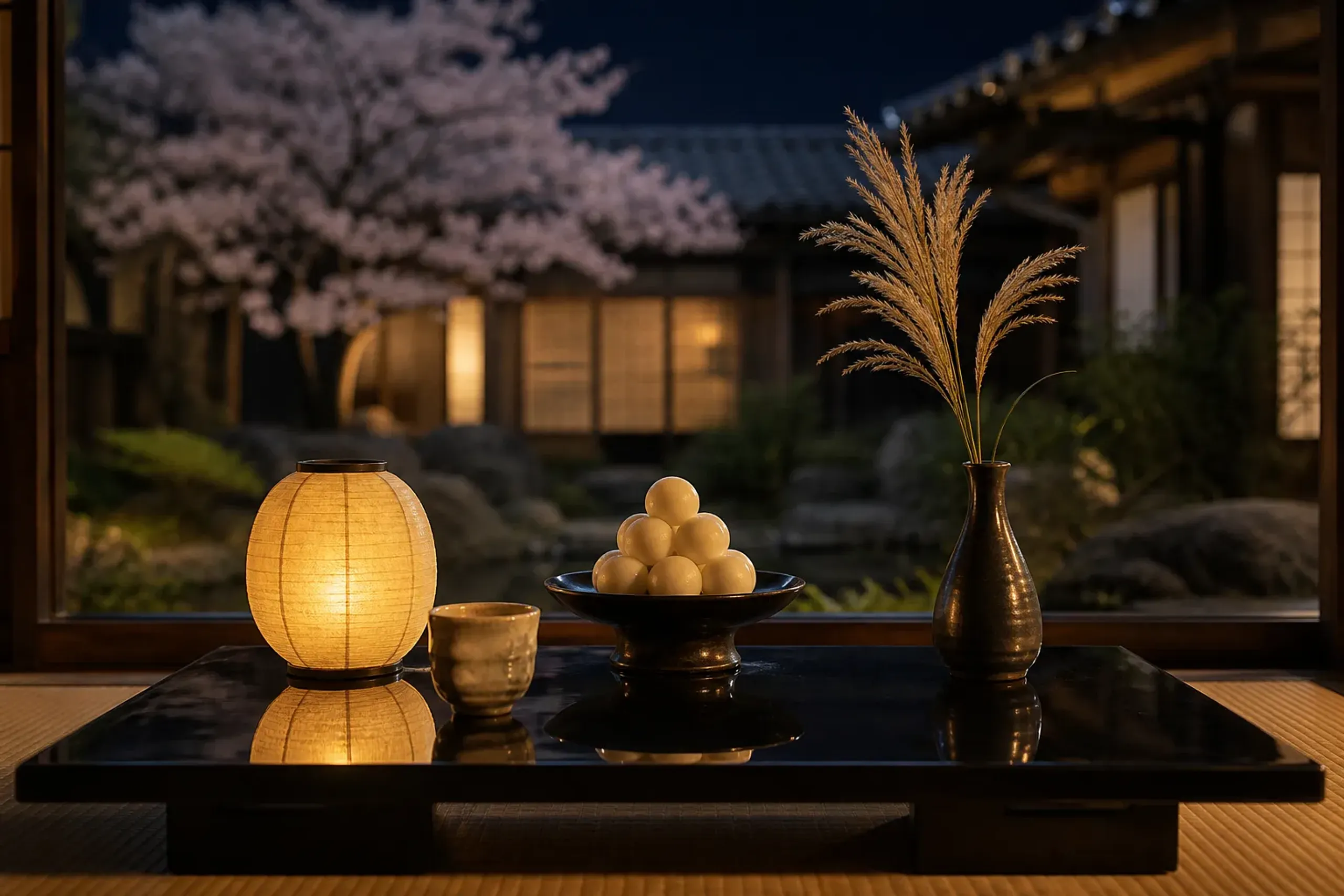a low black lacquer table set with a tiered stack of round white tsukimi dango, a small ceramic cup of clear sake, and a slender vase of susuki pampas grass beside a lit paper lantern under an autumn