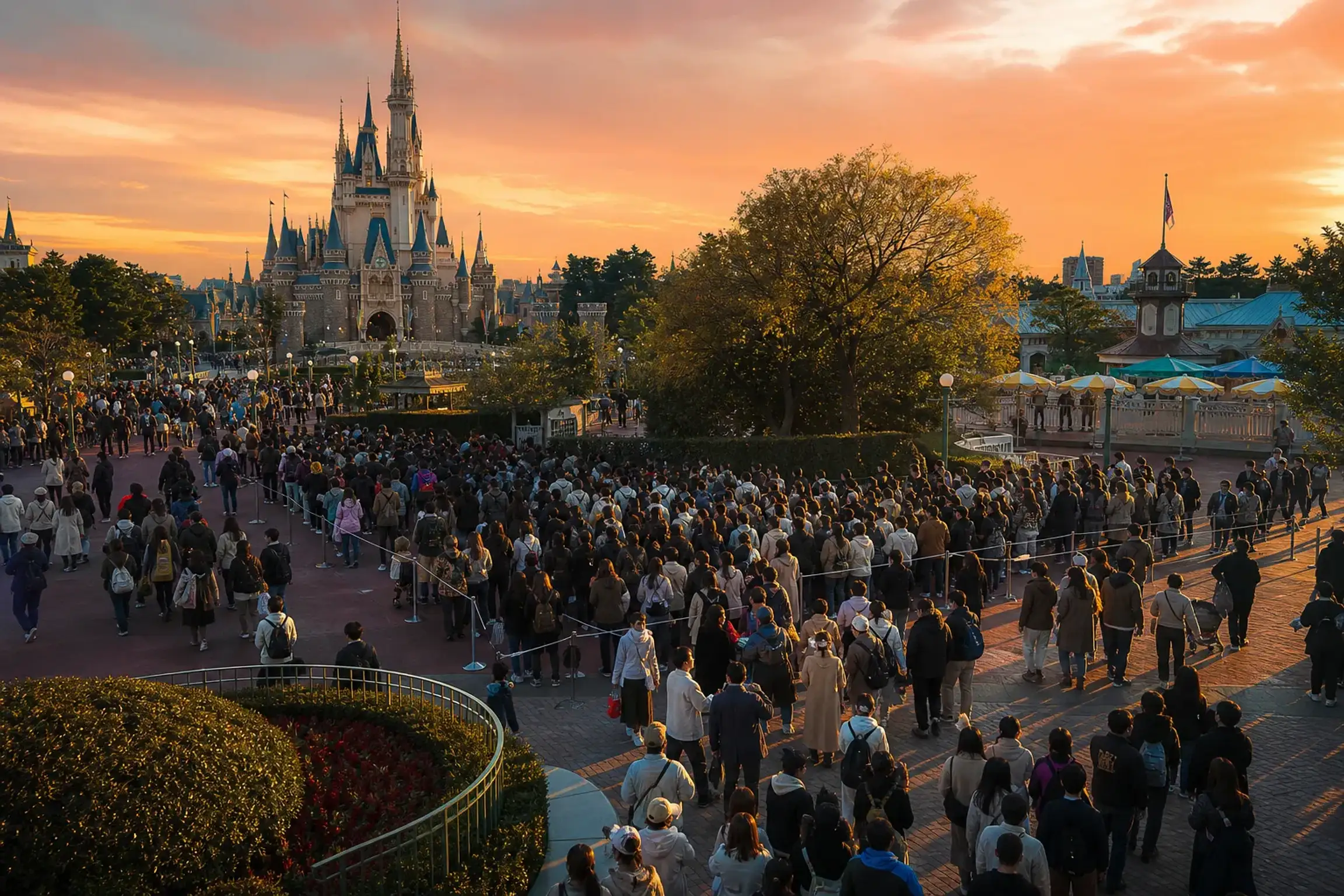 Busy theme park esplanade with crowds under an autumn sky illustrating date selection