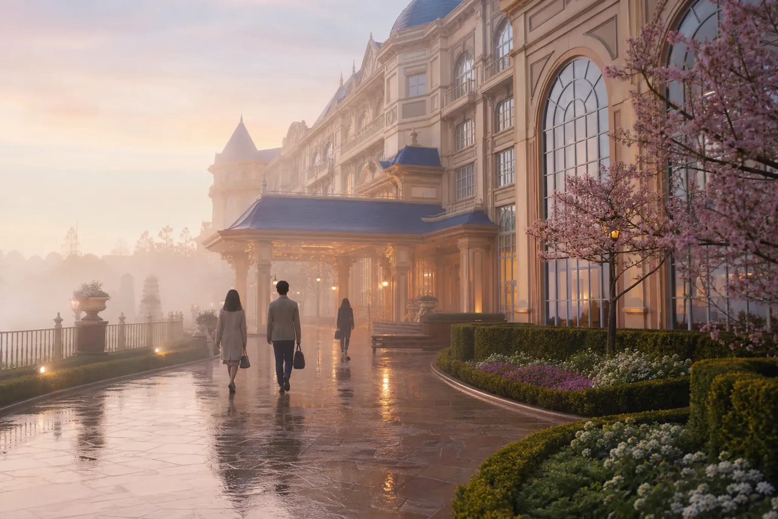 Guests walking toward a hotel entrance near a theme park in calm early morning light