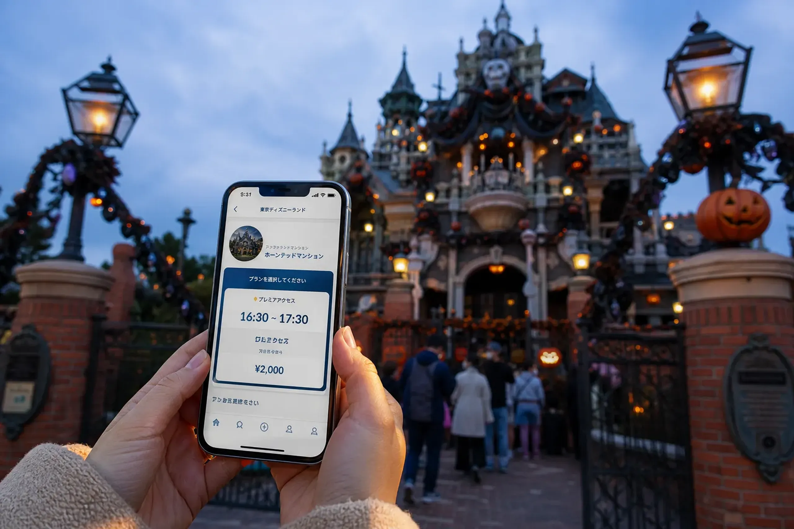 Hands using a smartphone reservation app in a theme park setting in morning light