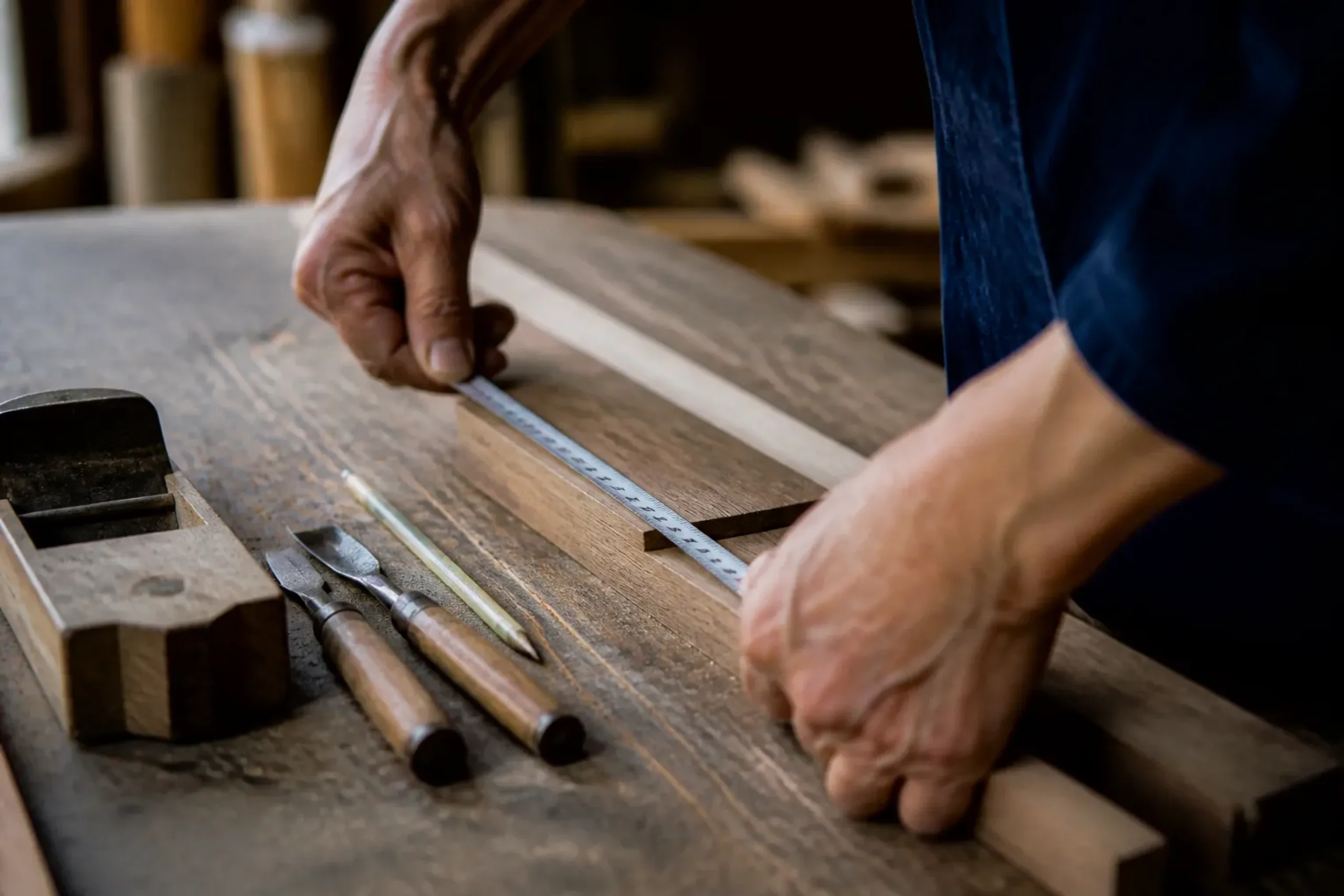 Artisan hands measuring in a Japanese workshop on a wooden workbench