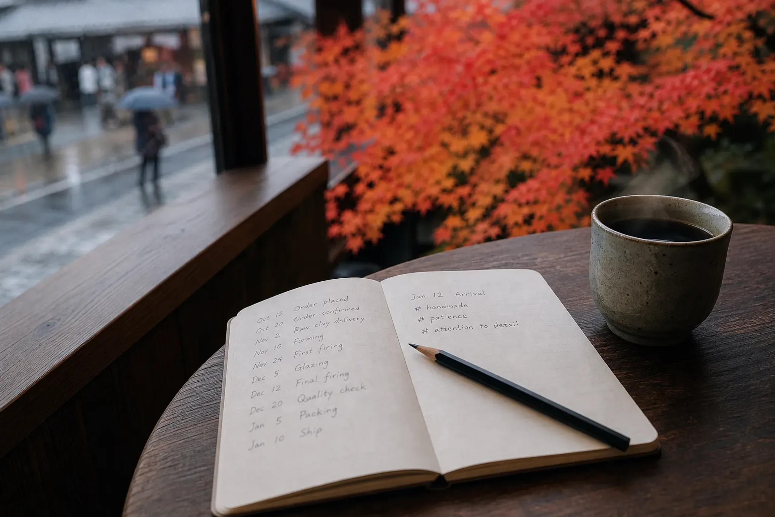 Notebook with lead time notes and pencil on a café table in Japan