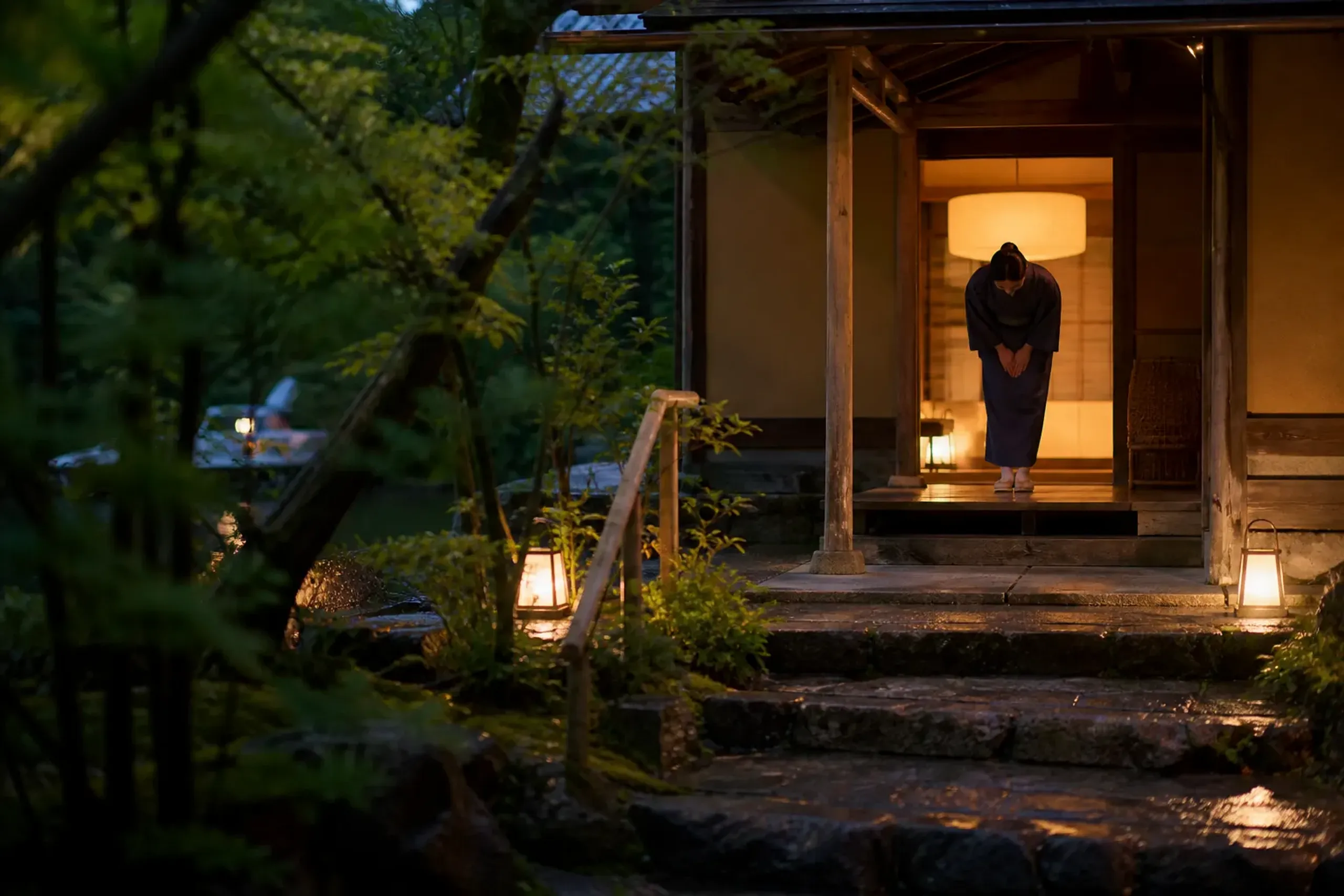 Warmly lit traditional ryokan entrance with kimono-clad staff greeting an arriving guest