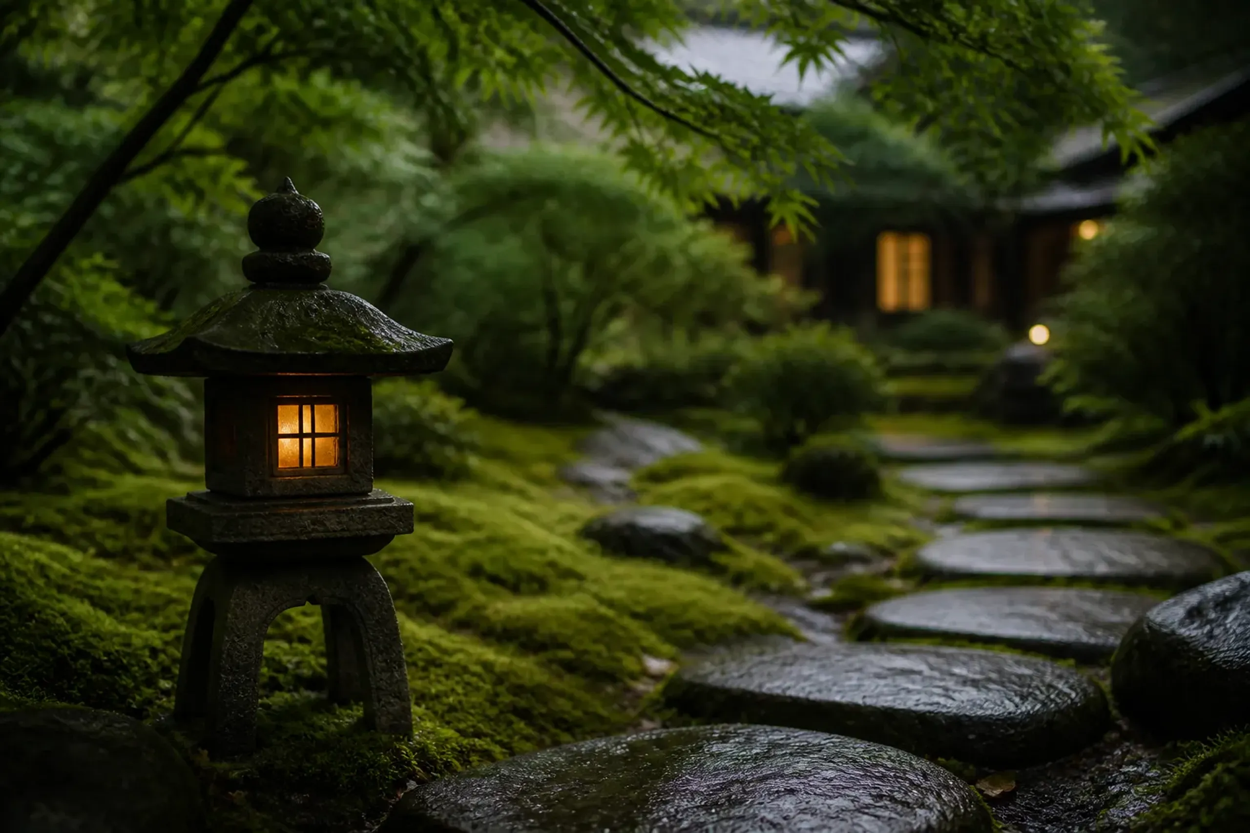 Quiet moss-covered stone garden with a lantern in Kyoto, wabi-sabi restraint