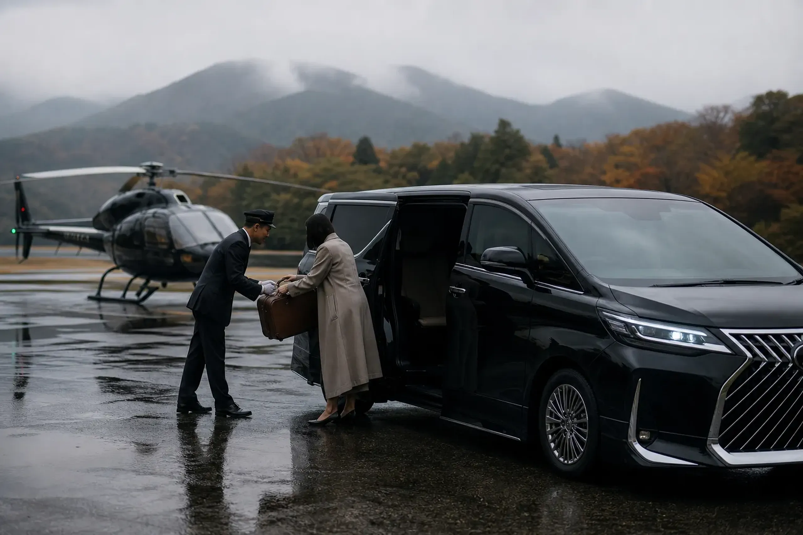 A chauffeured Lexus LM 500 waiting on an open airfield tarmac beside a private helicopter, luggage being transferred, with misty forested mountains of the Hakone onsen corridor in the background