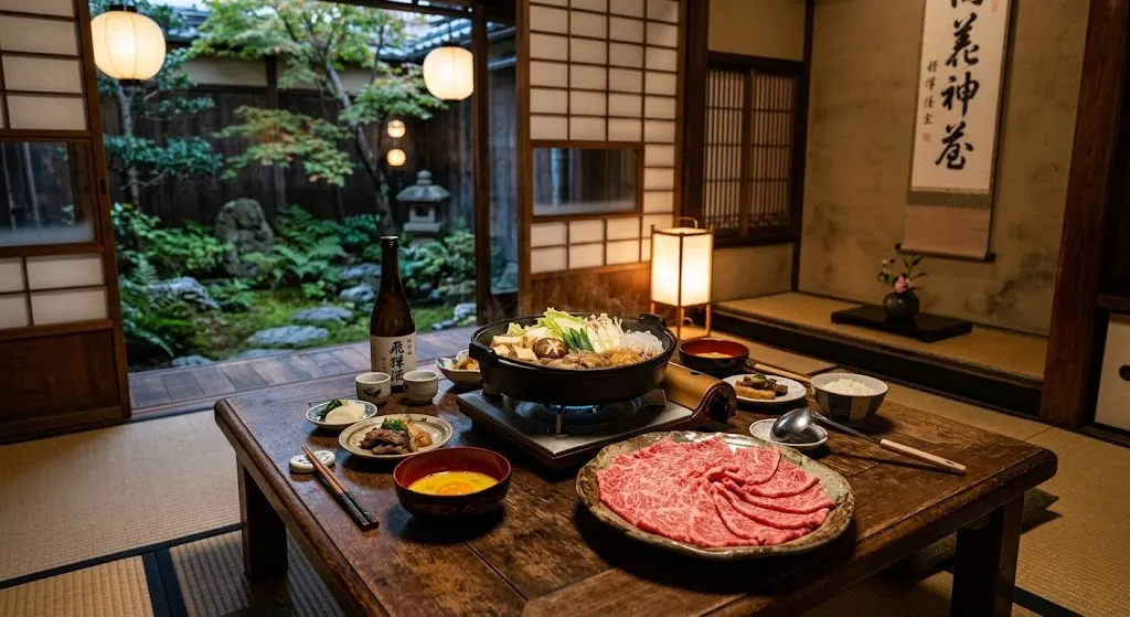 A traditional sukiyaki meal featuring beautifully marbled raw Hida beef slices set on a wooden table inside a historic, warmly lit Japanese merchant house dining room.