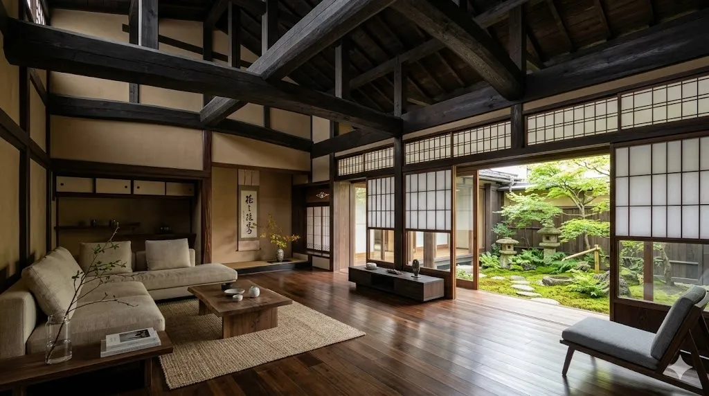 A wide interior view of a luxury converted Japanese townhouse showing massive dark overhead beams, modern minimalist furniture, polished floors, and a sliding screen opening to a private garden.