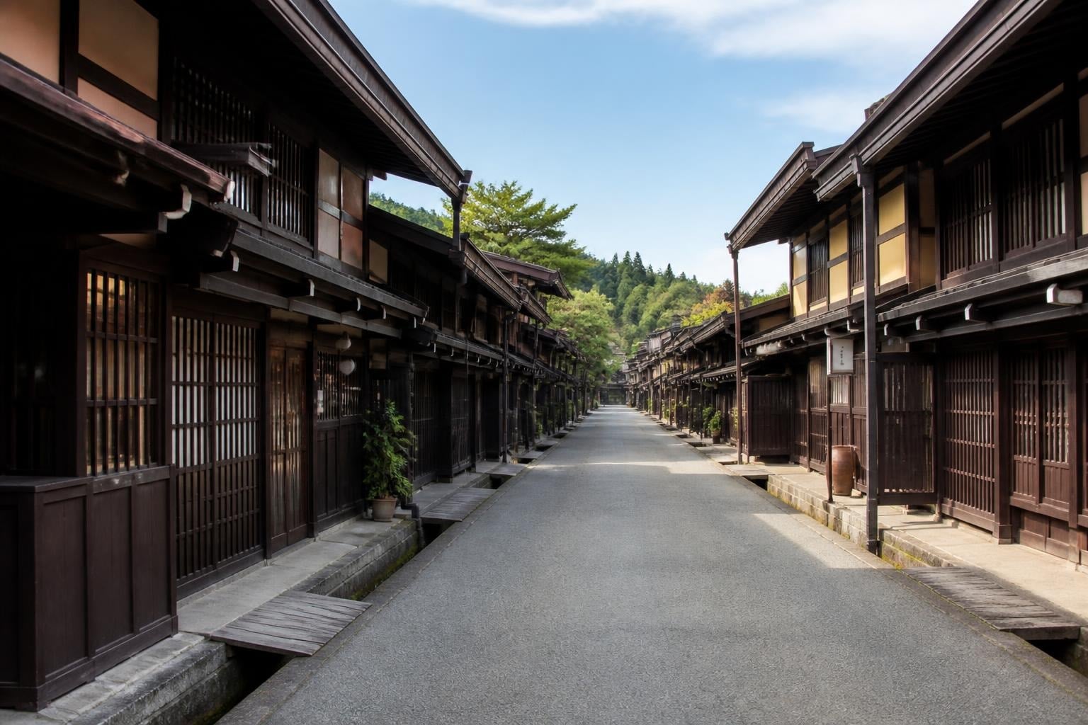 A quiet historic street in Japan lined with dark wooden townhouses and lattice doors, extending into the distance with green hills in the background.