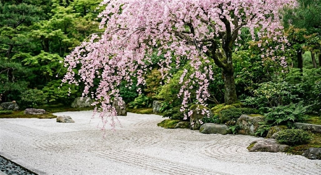 A quiet, hidden Zen garden in Kyoto featuring a single, vibrant weeping cherry tree over a raked sand garden.