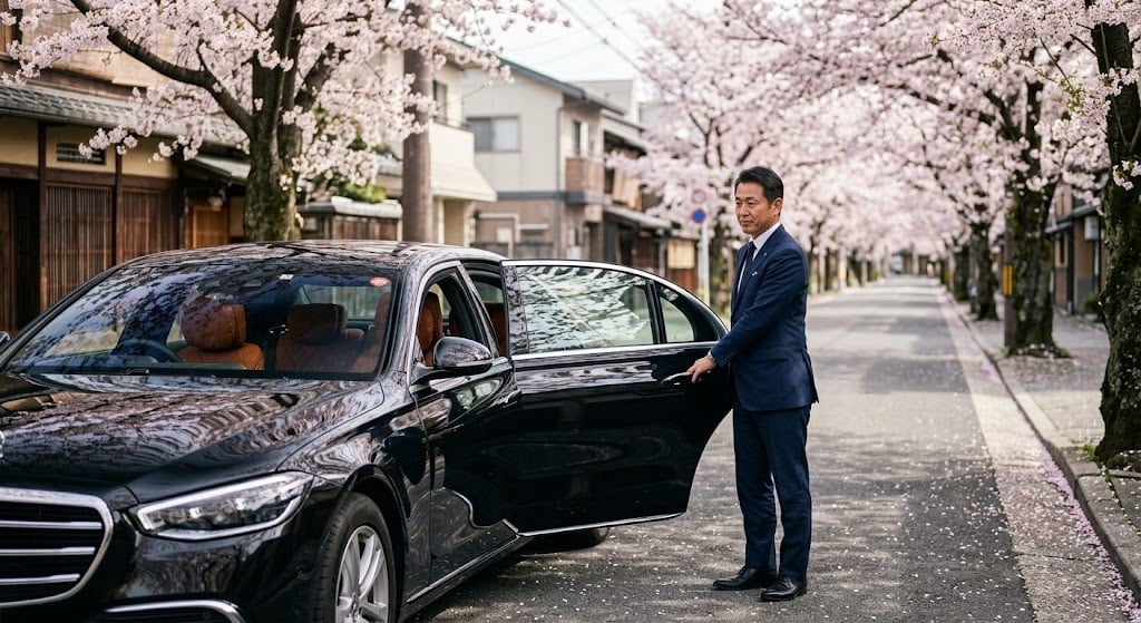 A sleek, black luxury sedan parked on a quiet street with a professional driver in a suit holding the door open.